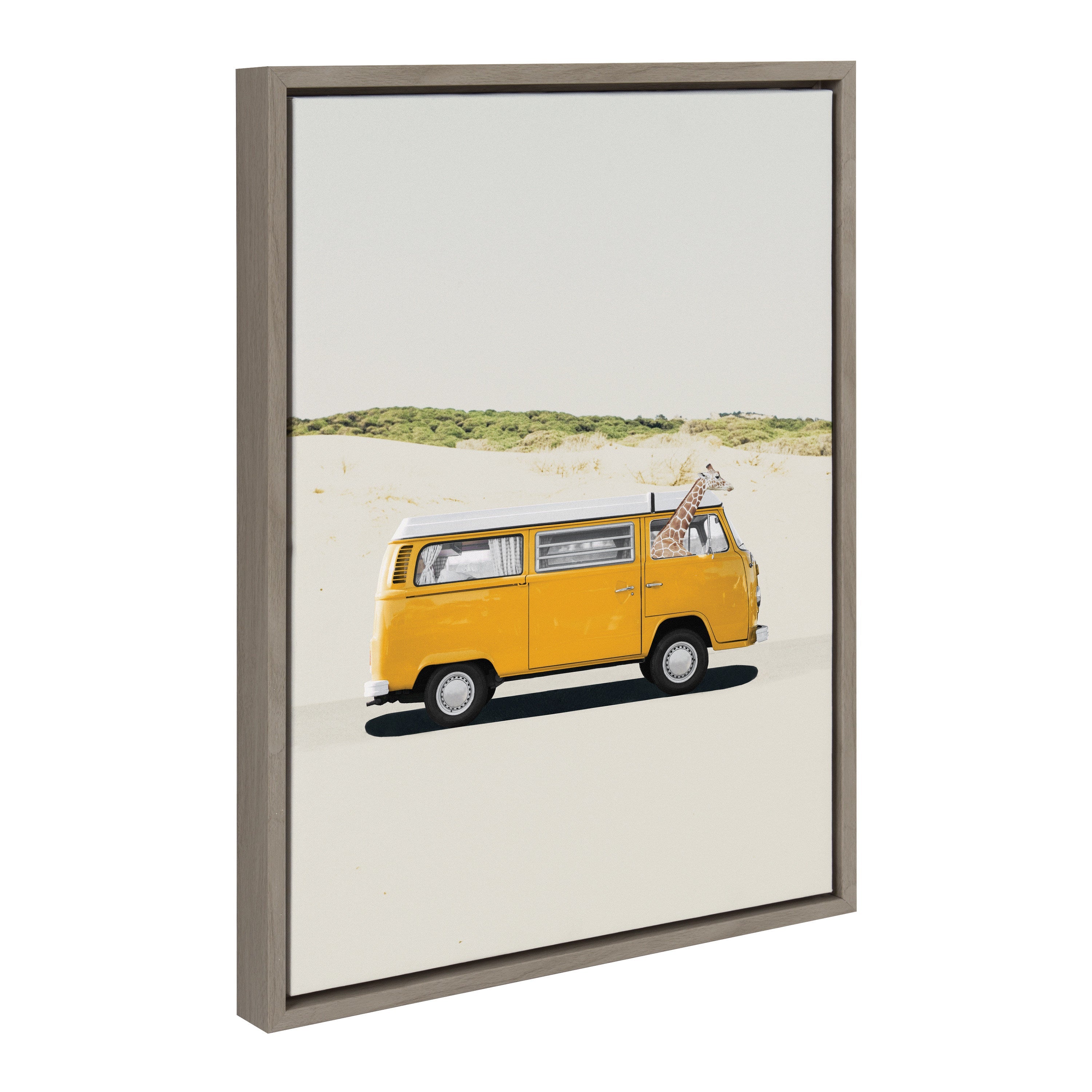 Sylvie Giraffe Adventure framed canvas art featuring playful giraffe illustration in Natural frame