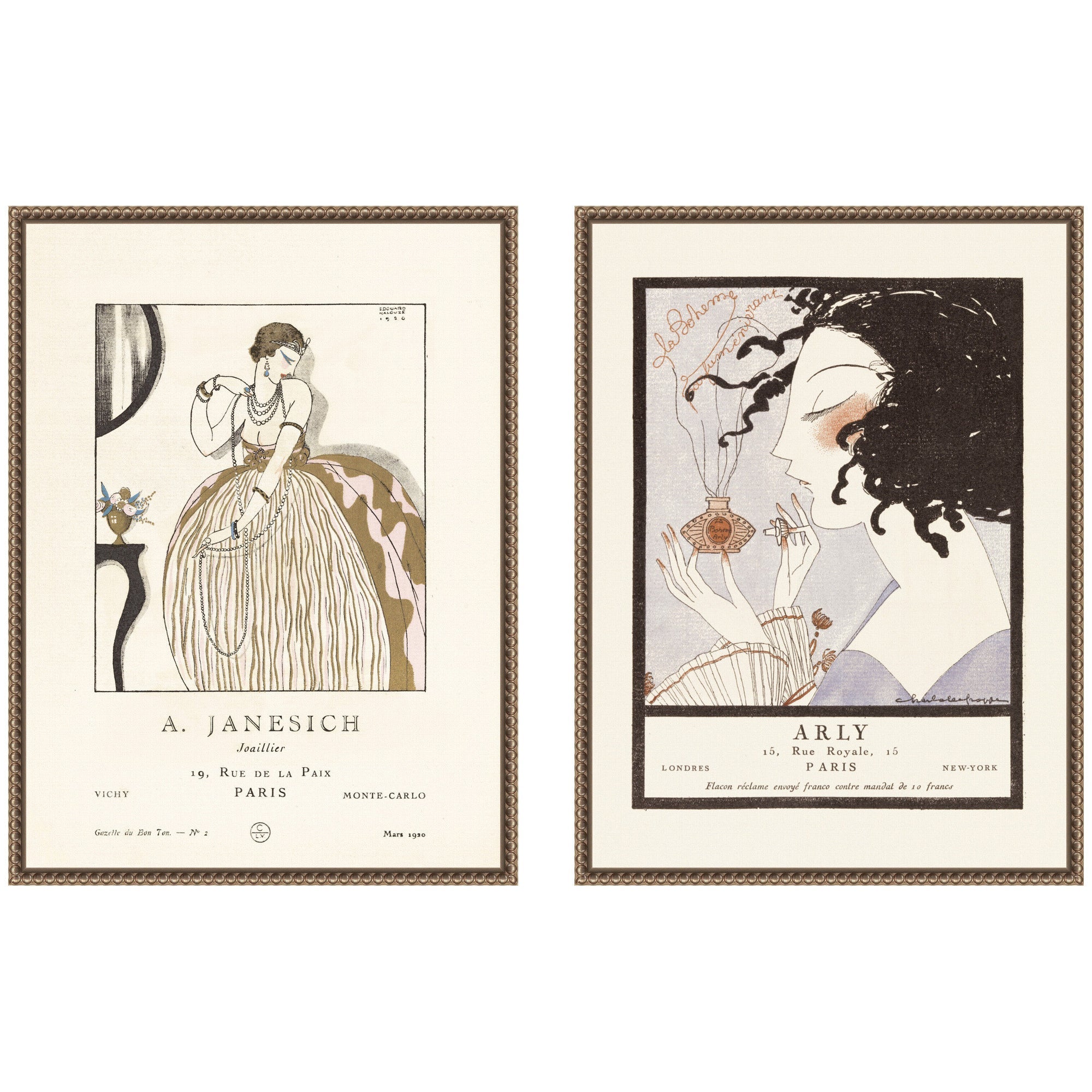 Two framed canvas art pieces featuring Arly 1921 Alexandre Jacovleff & A Janesich 1920 Edouard Halouze artwork set in dark gold beaded frames