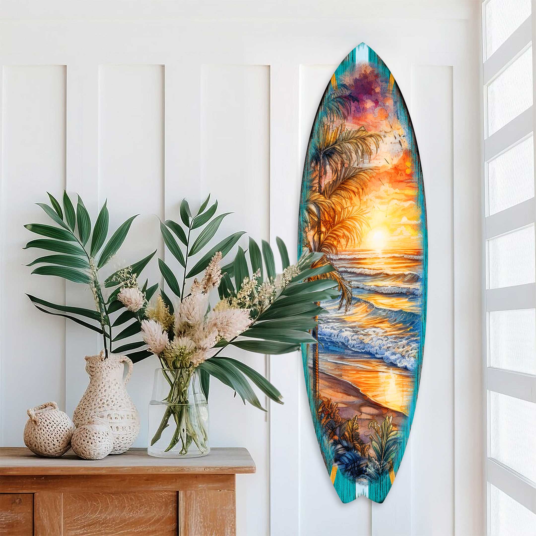 Surfboard Coastal Wall Art - Golden Waves Ocean Sunset by G. DeBrekht