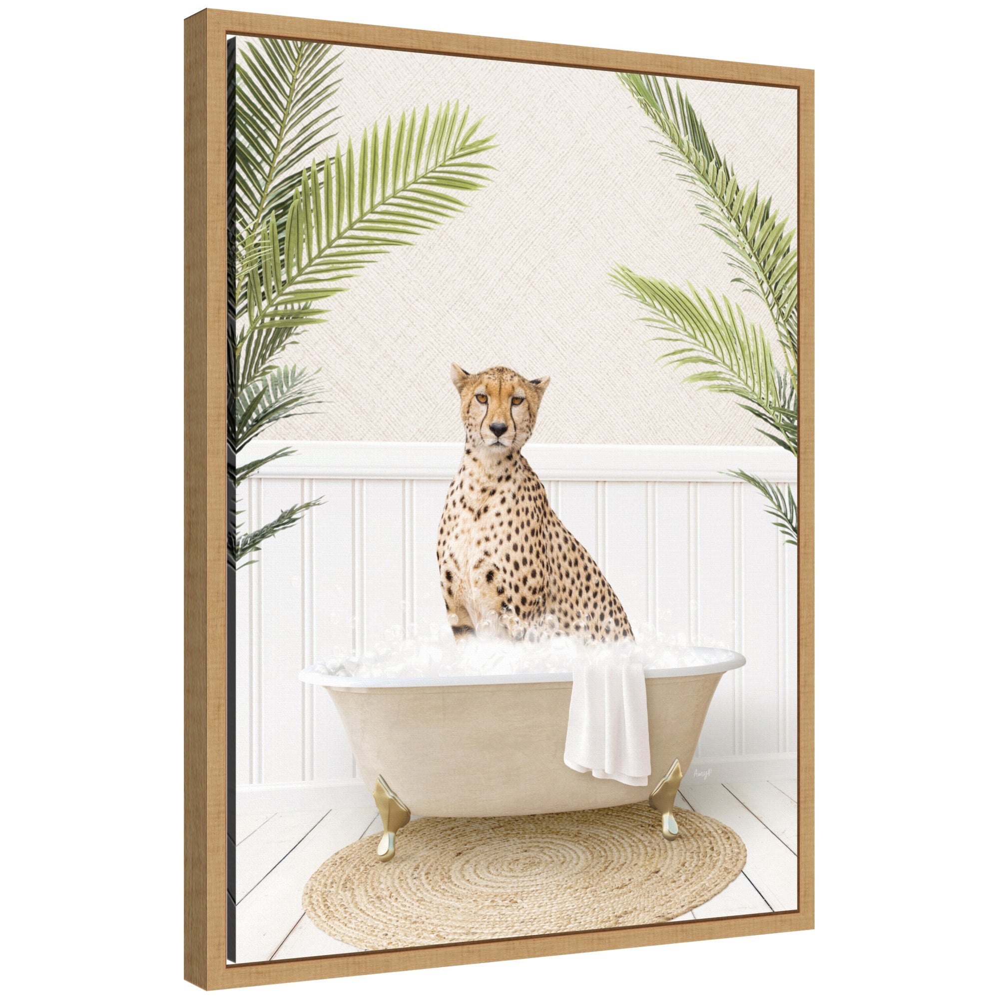 Sylvie Cheetah in Palms Bath Framed Canvas by Amy Peterson by kateandlaurel