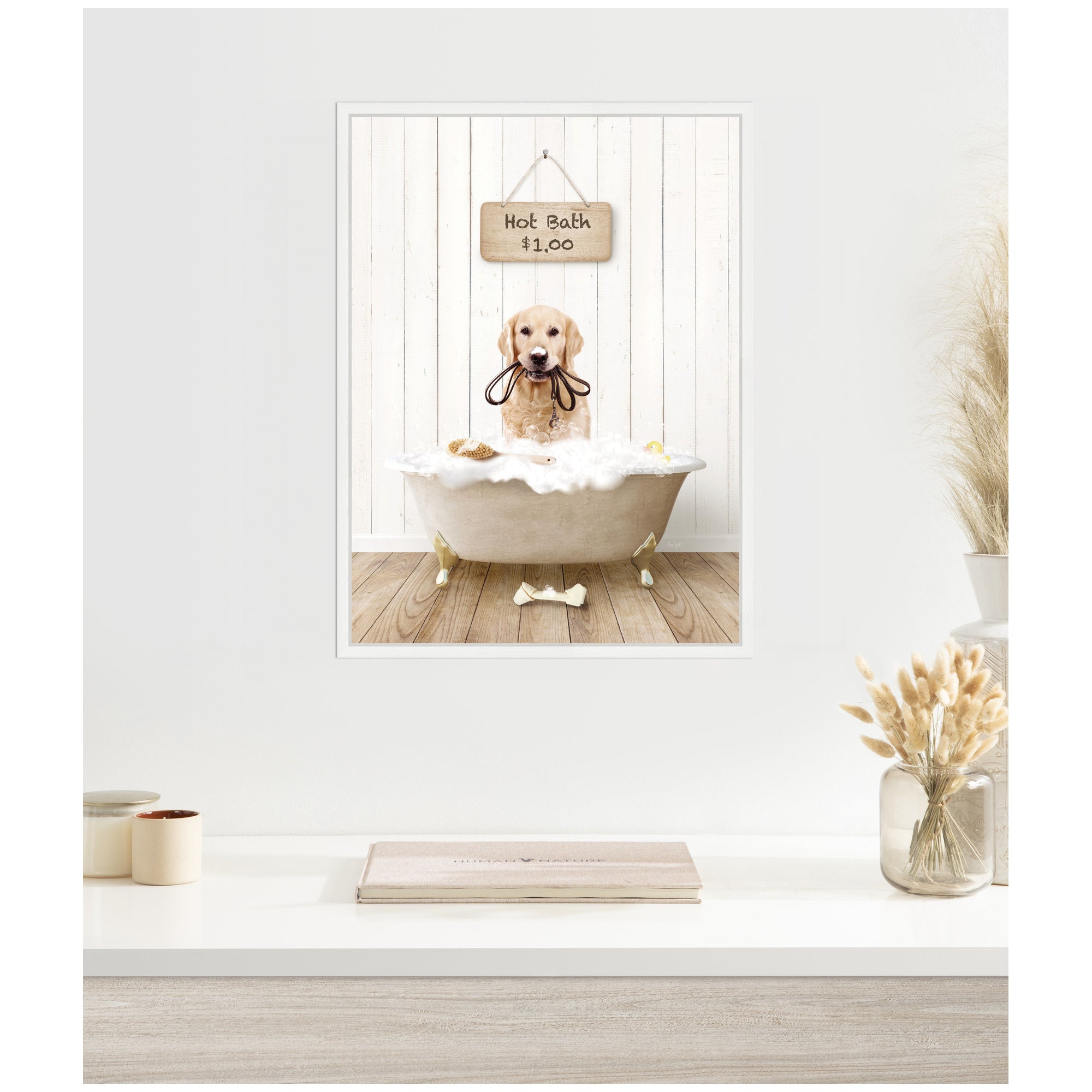 Sylvie Golden Retriever in Hot Bath Framed Canvas by Amy Peterson