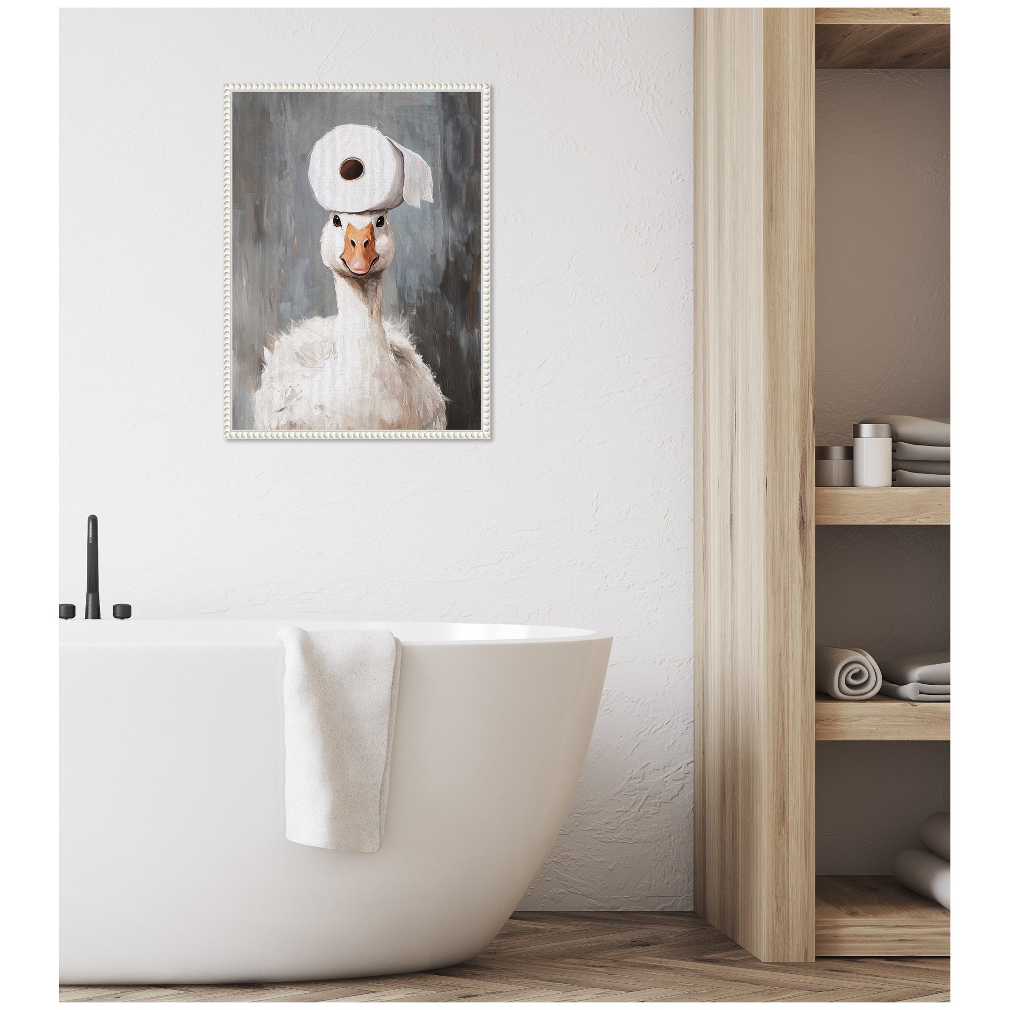 Sylvie Toilet Paper Roll on Cute Goose Head Bathroom Art Framed Canvas