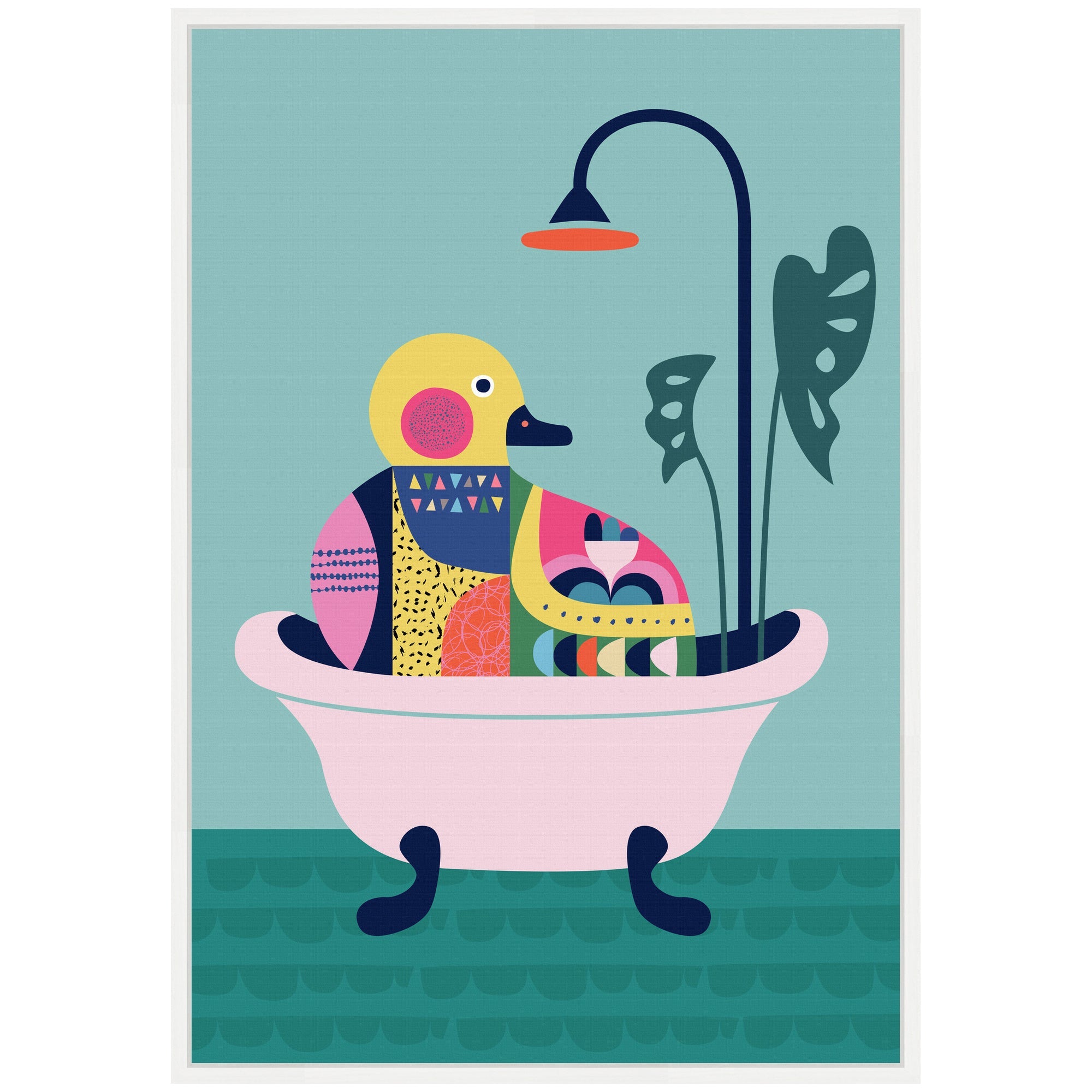 Sylvie Modern Teal Little Duckie in Bathtub Framed Canvas by Rachel Lee