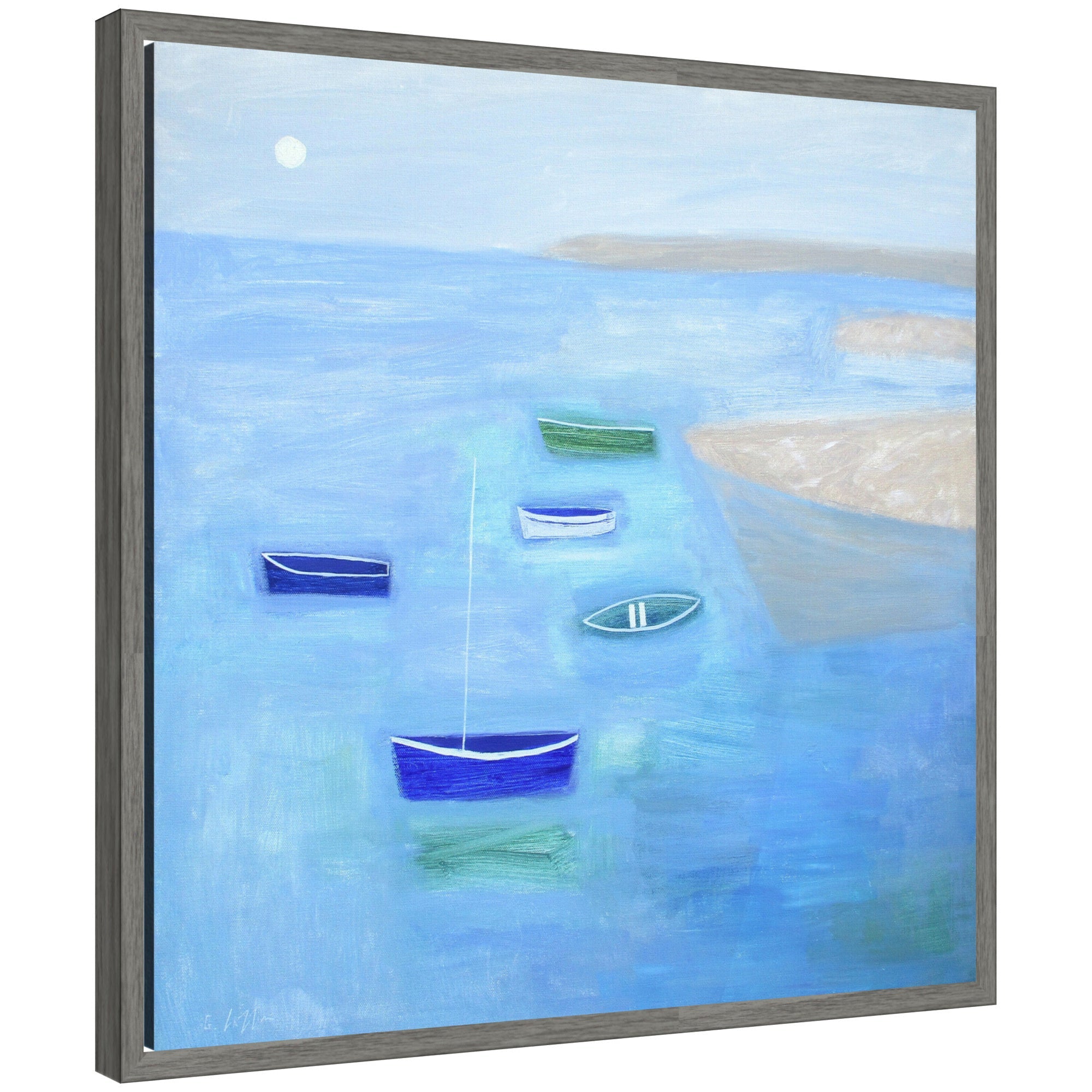 Sylvie Calm Waters framed canvas artwork featuring a calm beach scene with a vintage beaded frame
