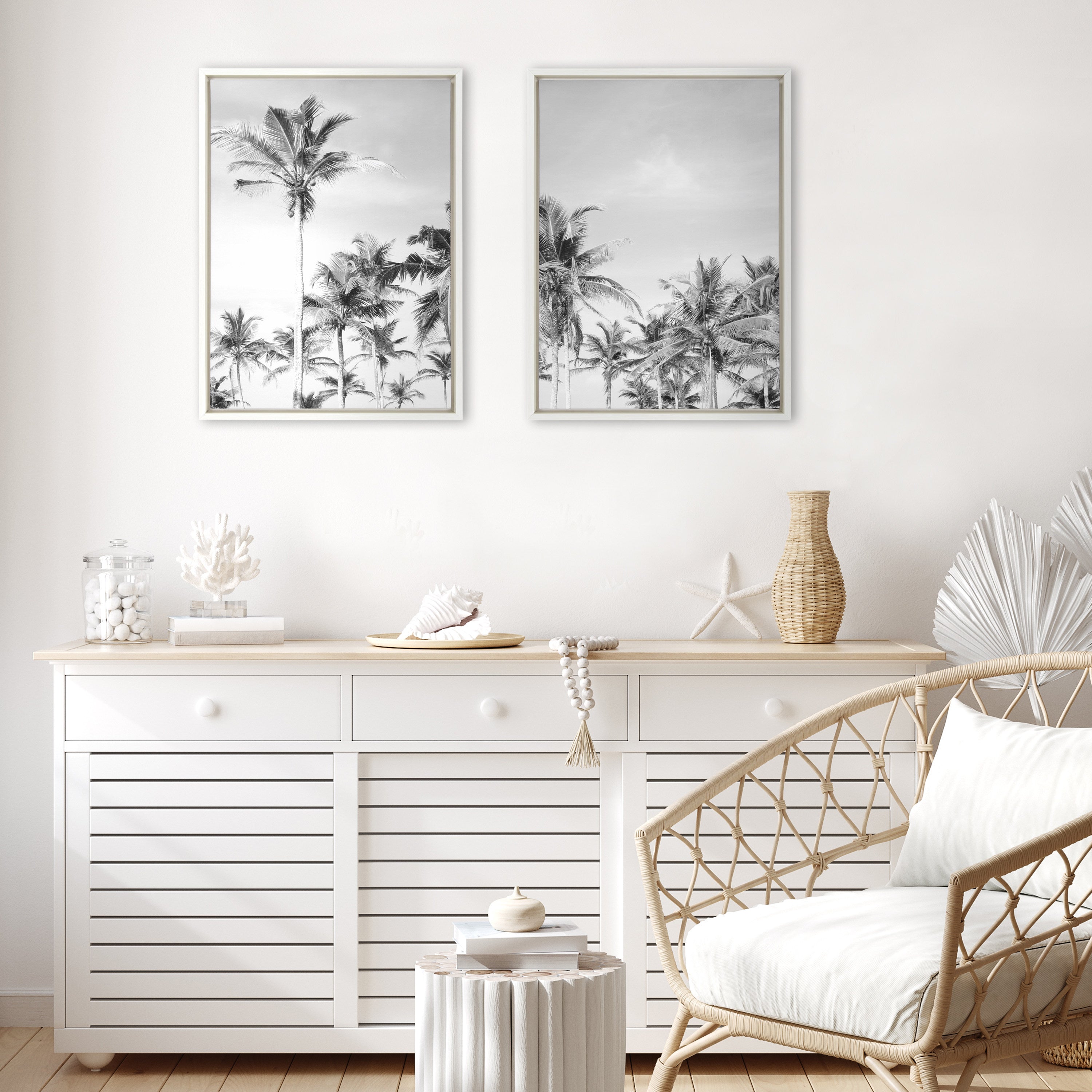 Sylvie Coastal Coconut Palm Tree Beach BW Framed Canvas Set by The