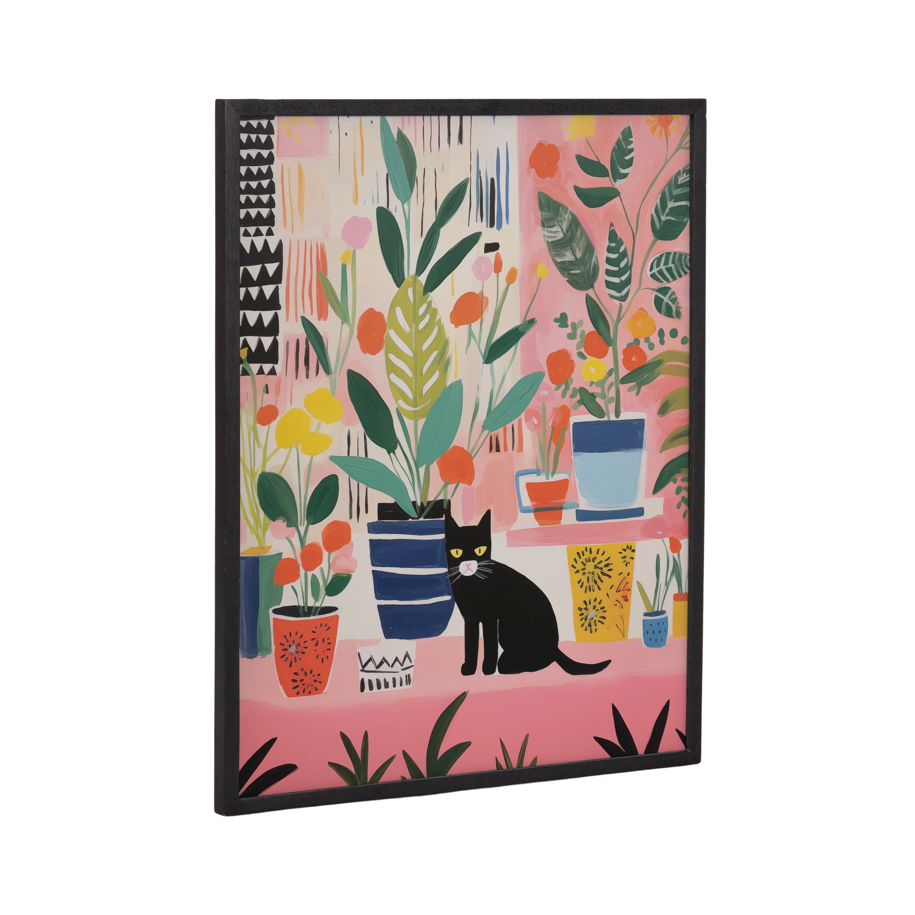 Whimsical wall art showing a black cat sitting among lively houseplants in a clean wooden gallery frame.