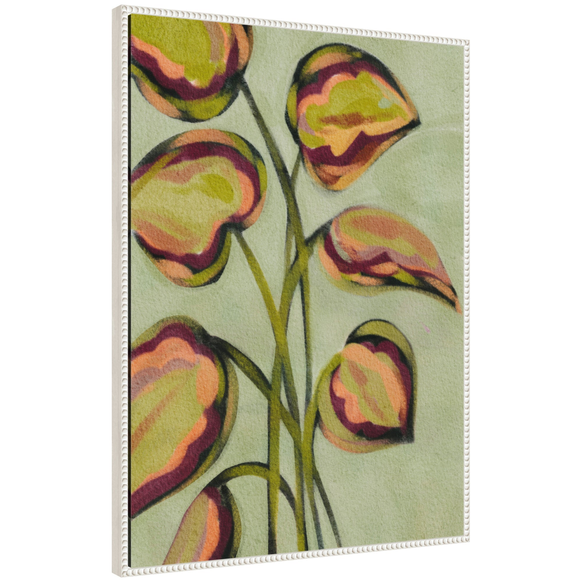 Sylvie Vibrant Foliage Framed Canvas by Nikita Jariwala showing vibrant green leaves in a lightweight white polystyrene floating frame.