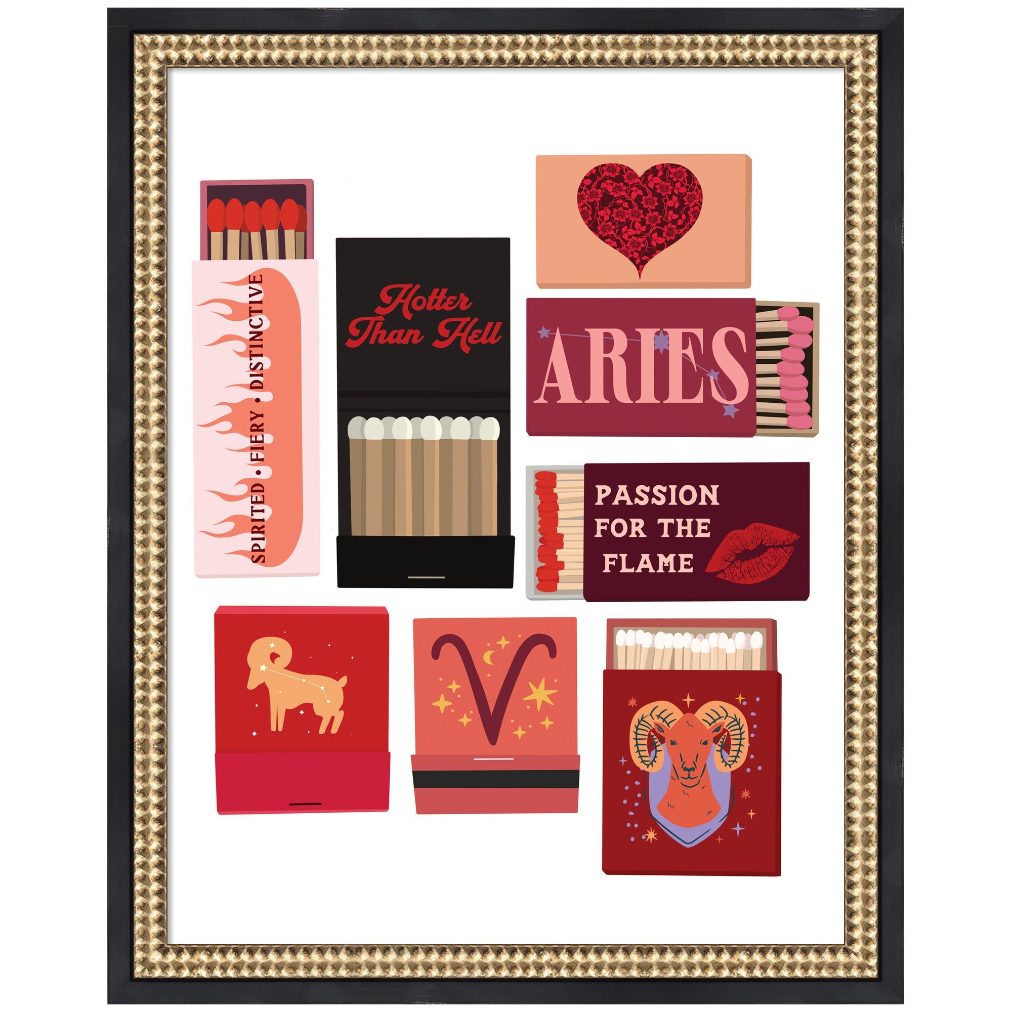 Framed wall art print titled Aries Matchbooks 14x18 FC by Megan Ryan featuring a detailed illustration in a black frame