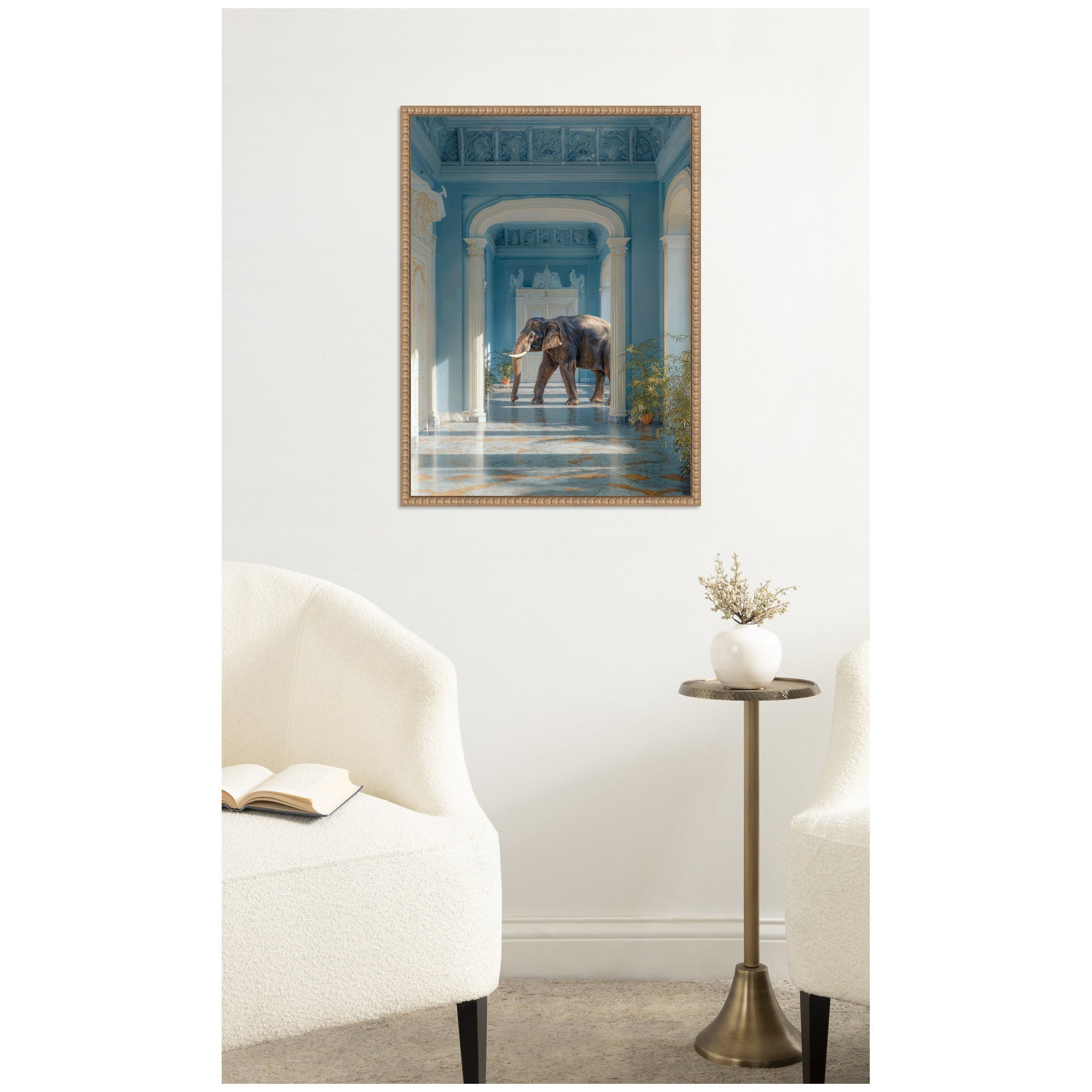 Elephant Strolling Through the Blue Wing by Michael Schauer Framed Canvas Wall Art Print