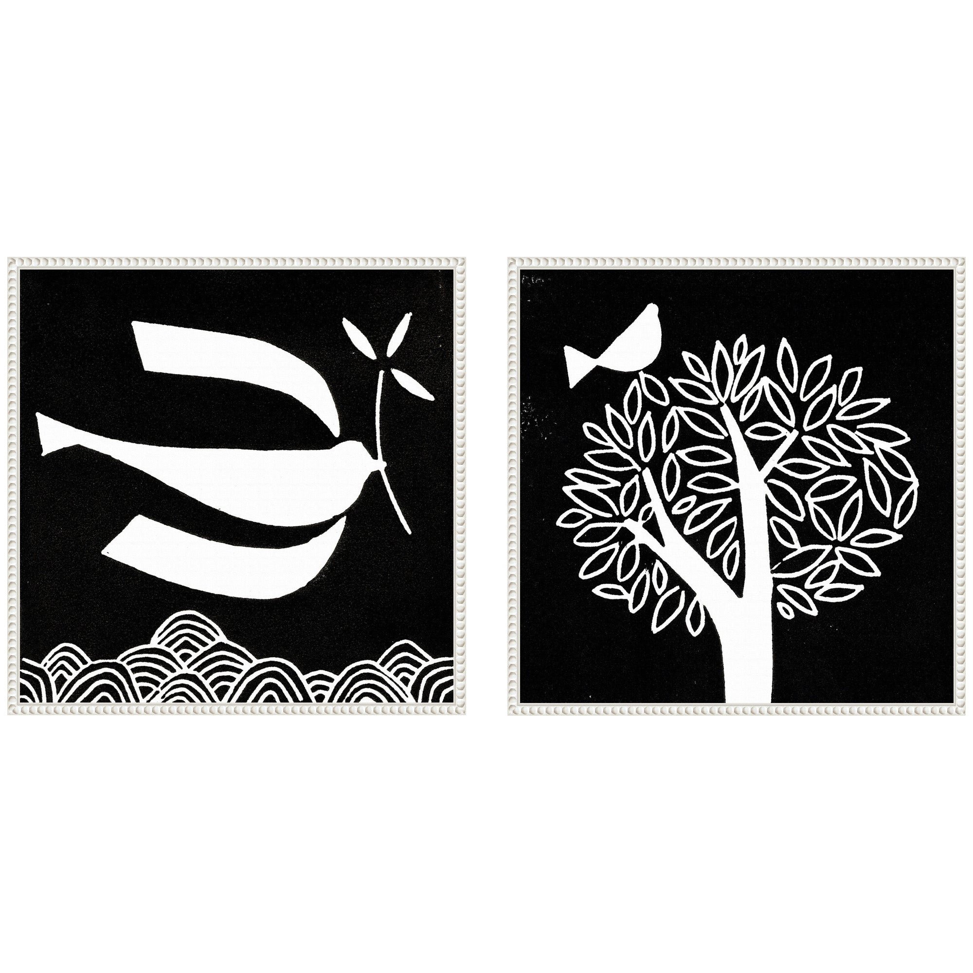 Sylvie Beaded Black and White Linocut Birds framed canvas art set showing two monochrome bird prints in beaded black frames