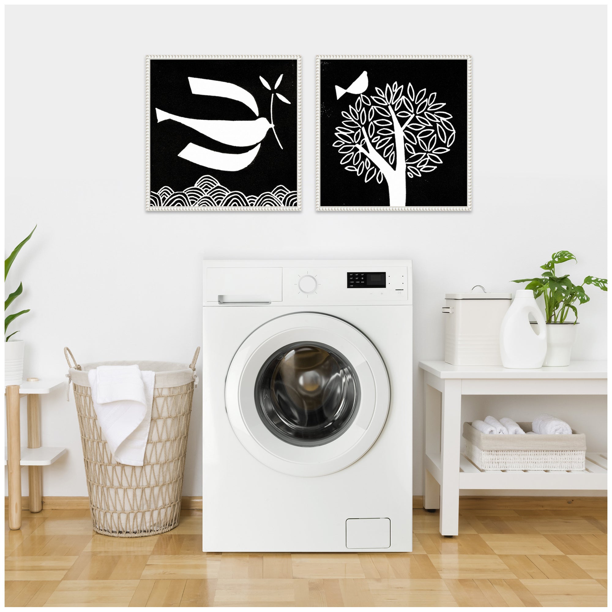 Sylvie Beaded Black and White Linocut Birds Framed Canvas Art Set by Giuliana Lazzerini