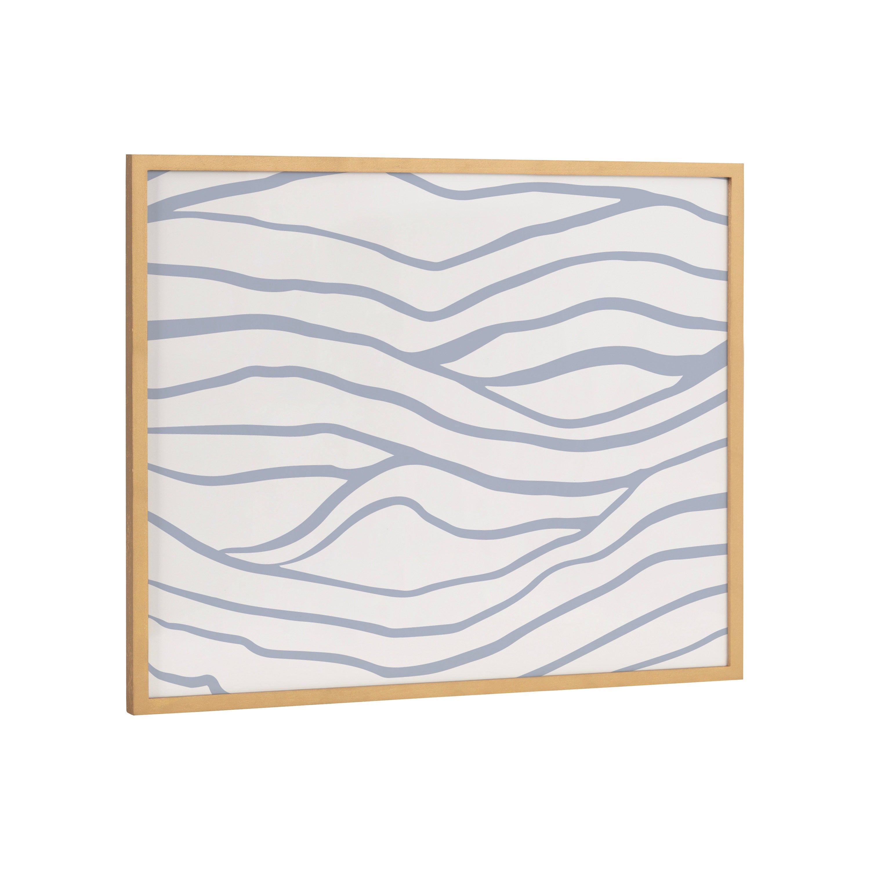 Framed abstract coastal waves print in gold gallery frame on a wall
