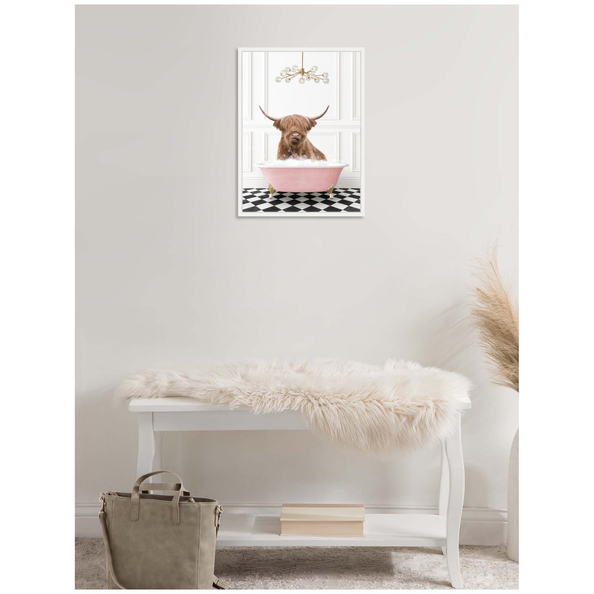 Sylvie Highland Cow in Pink Bathtub on Checker Floor Framed Canvas