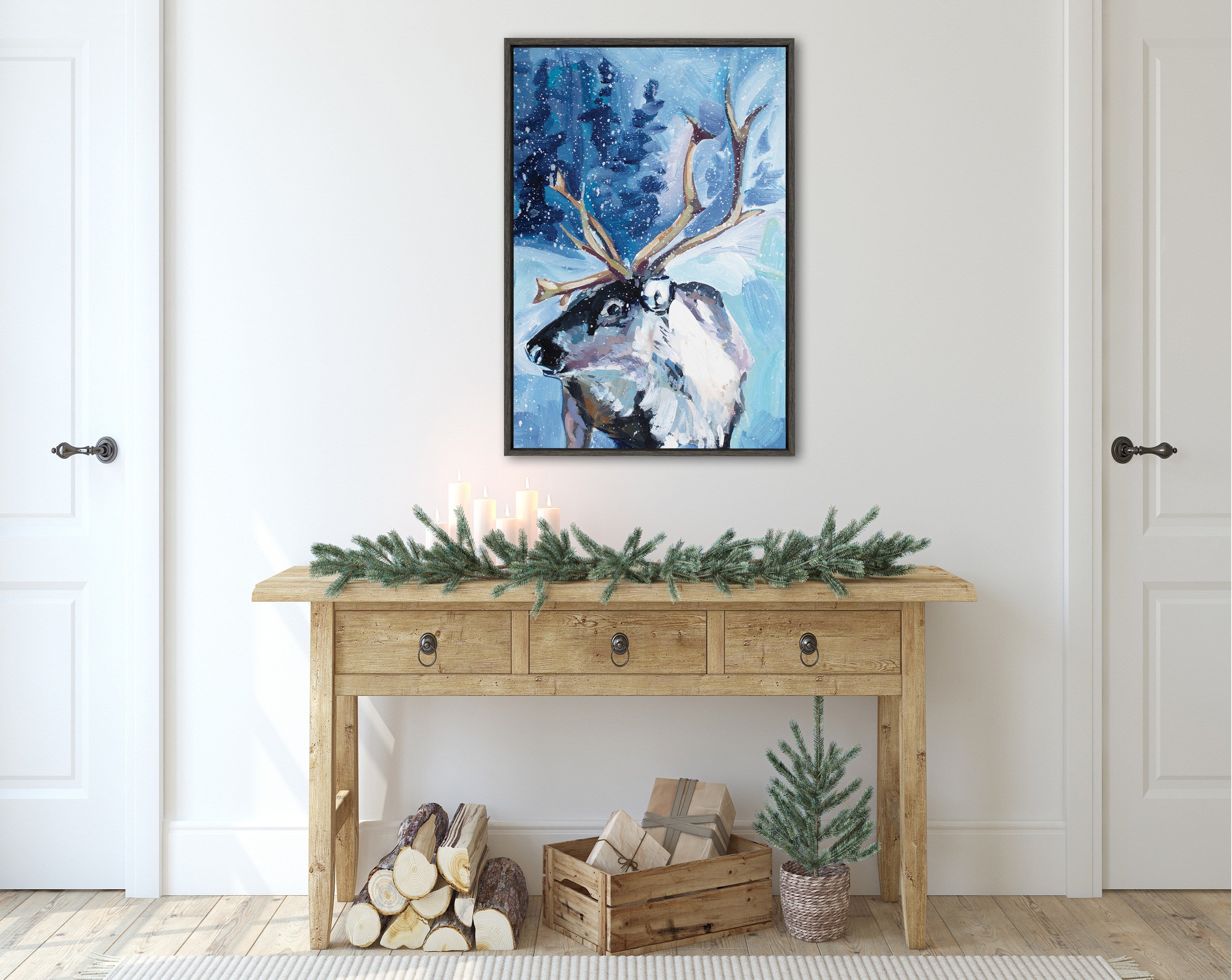 Sylvie Reindeer In Snow Framed Canvas by Rachel Christopoulos