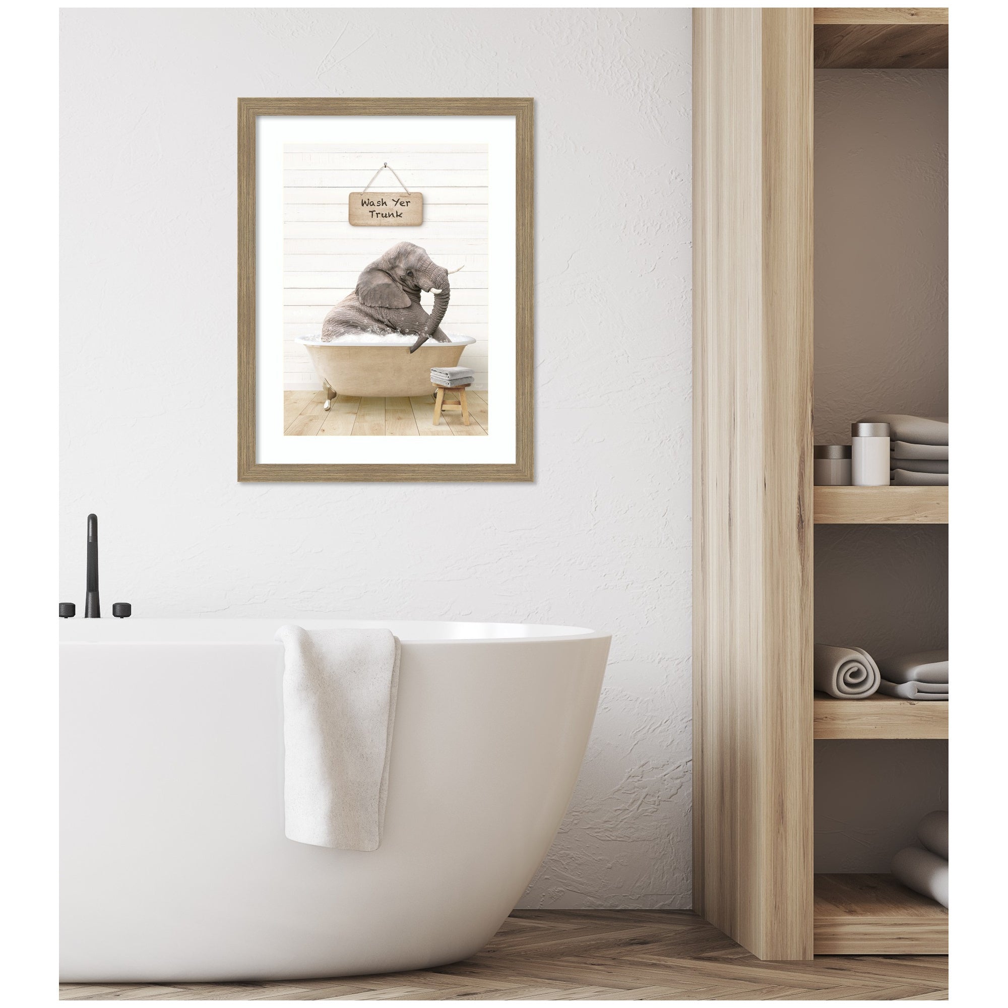 Young Elephant in Modern Bathtub Wash Your Trunk by Amy Peterson Framed Wall Art Print