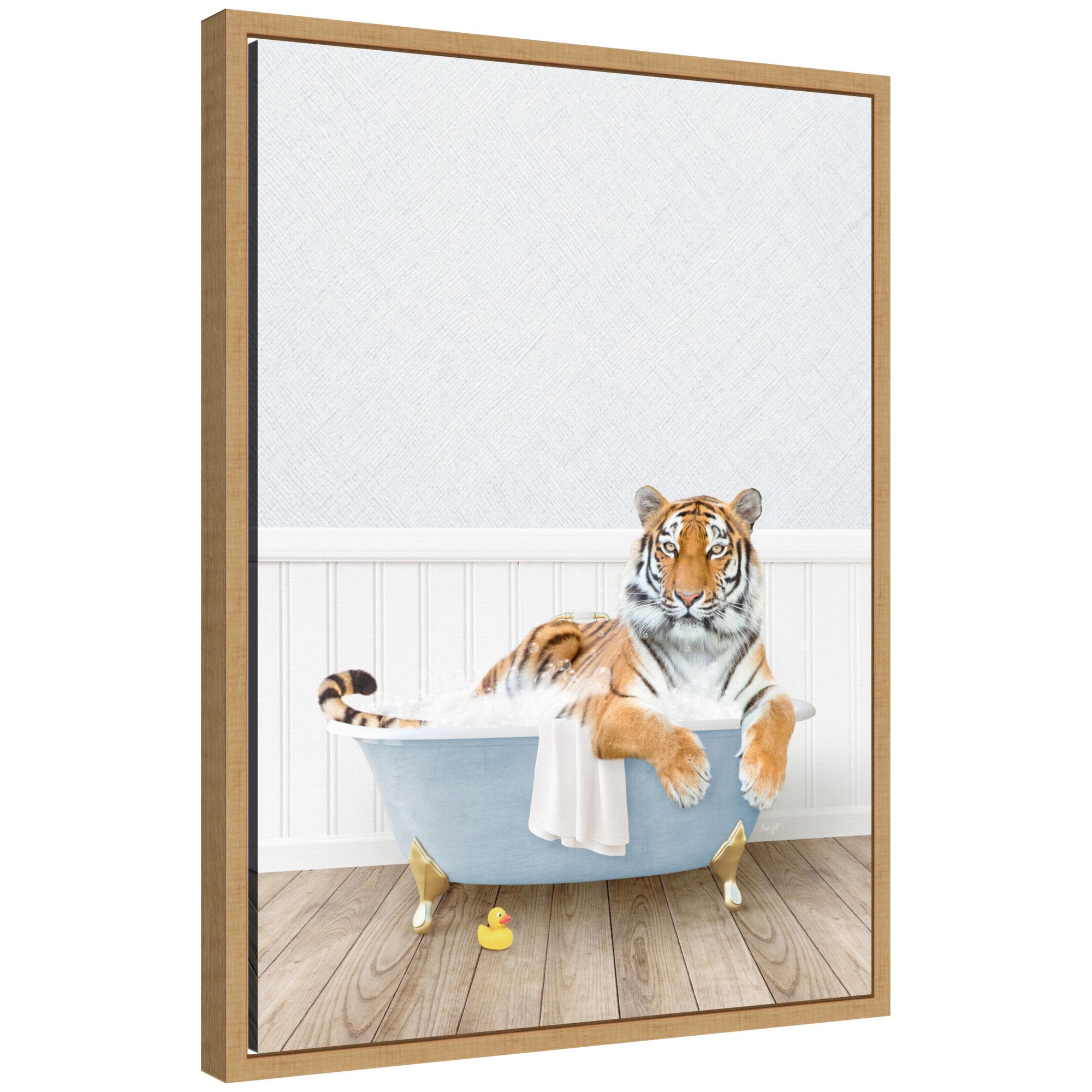 Sylvie Tiger in Cottage Blue Bathtub framed canvas art by Amy Peterson showing tiger seated in blue bathtub with floral background