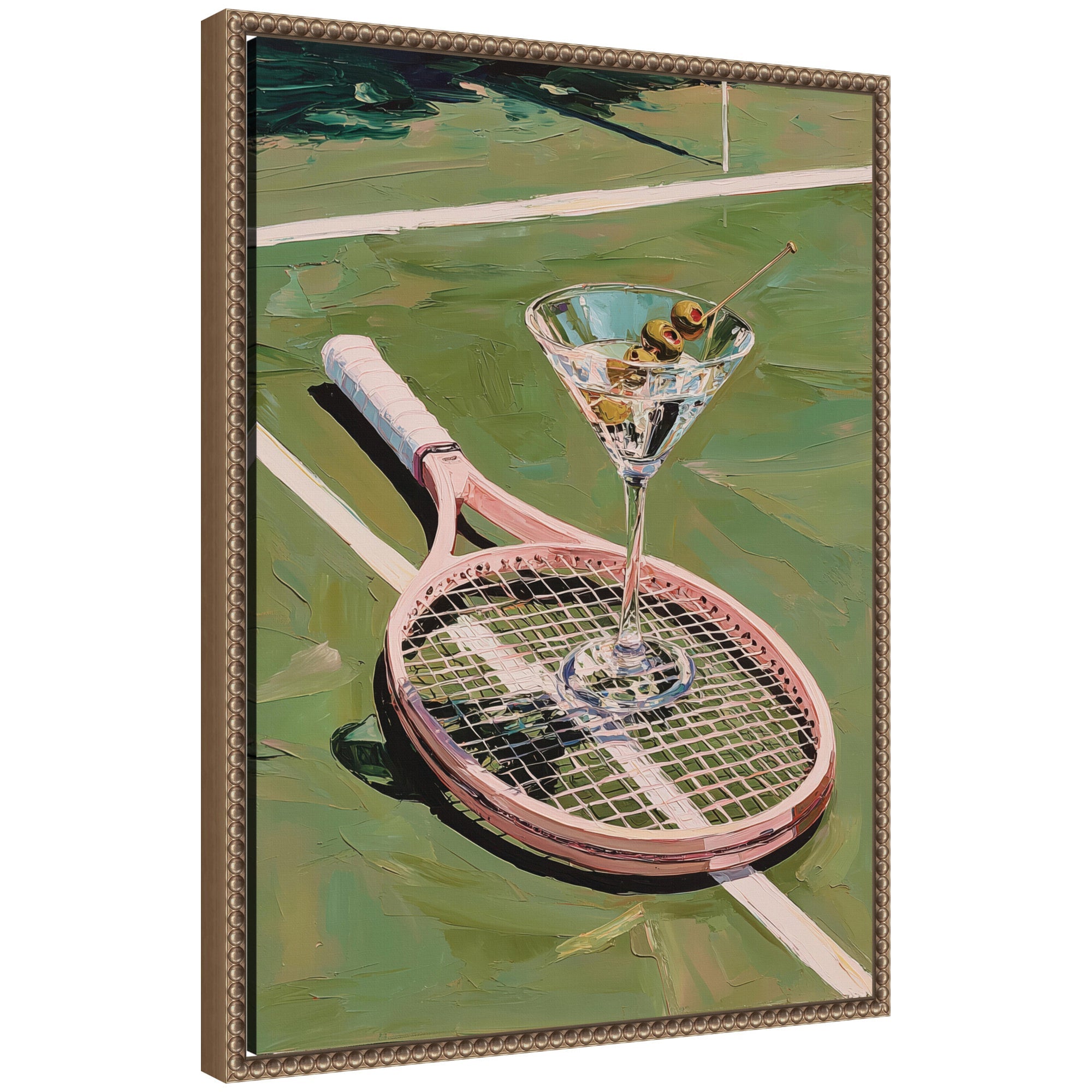 Framed canvas wall art showing a tennis court with a pink racket and martini glass with olives, set in a dark gold ornate frame
