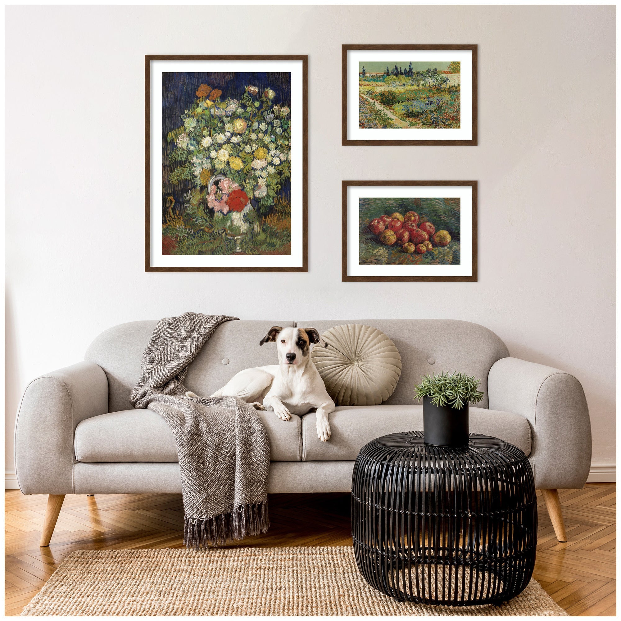 Apples 1887, Bouquet of Flowers in a Vase 1890, & Garden at Arles by Vincent Van Gogh 3 Piece Framed Wall Art Print Set