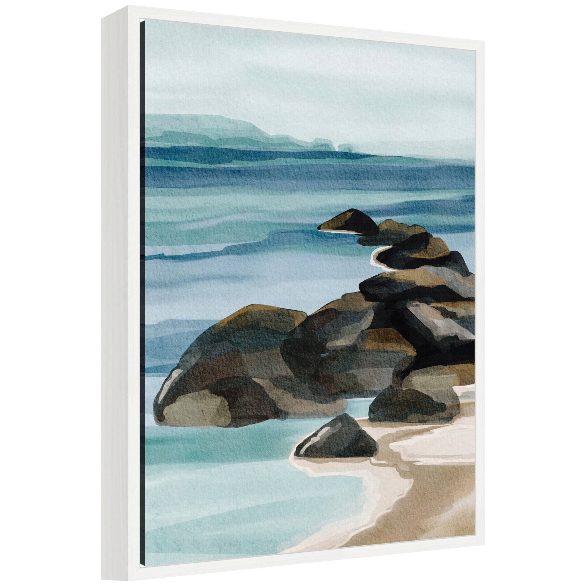 Sylvie Ocean Breeze ll Framed Canvas Art hanging on a white wall above a white sofa with neutral cushions and side table with plant