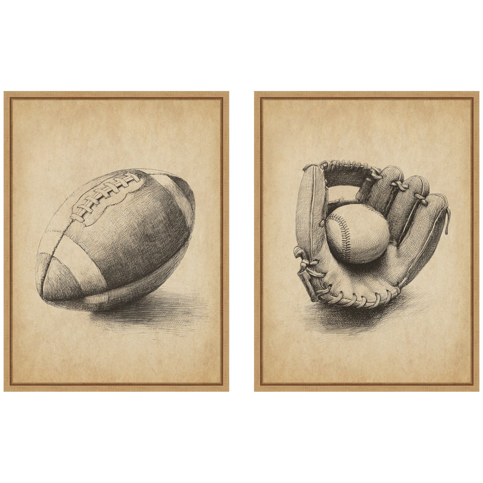 Vintage Football & Baseball 2 Piece Framed Canvas Wall Art Set by The Creative Bunch Studio