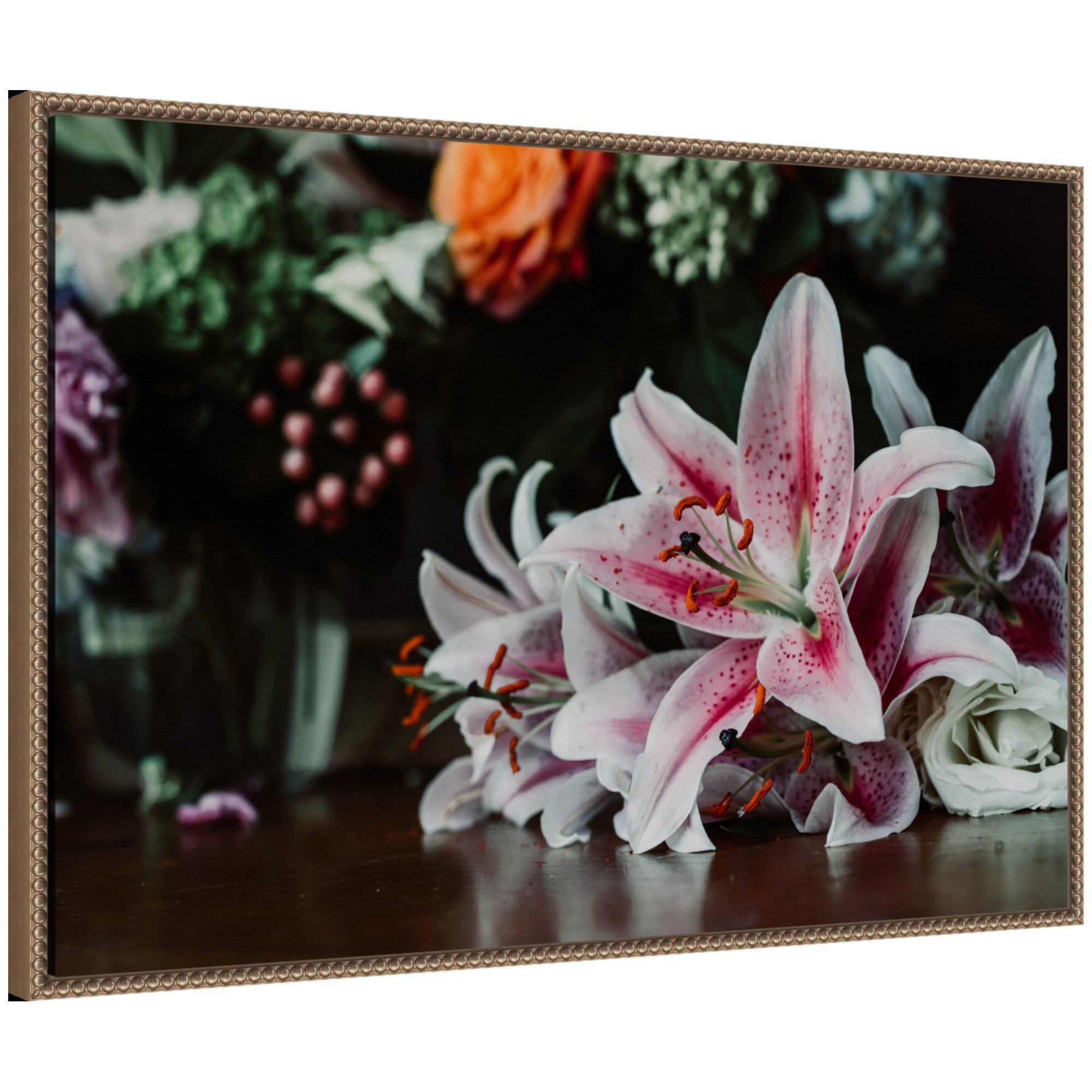 Sylvie Dark Lily framed canvas depicting floral dark lilies with vintage beaded frame