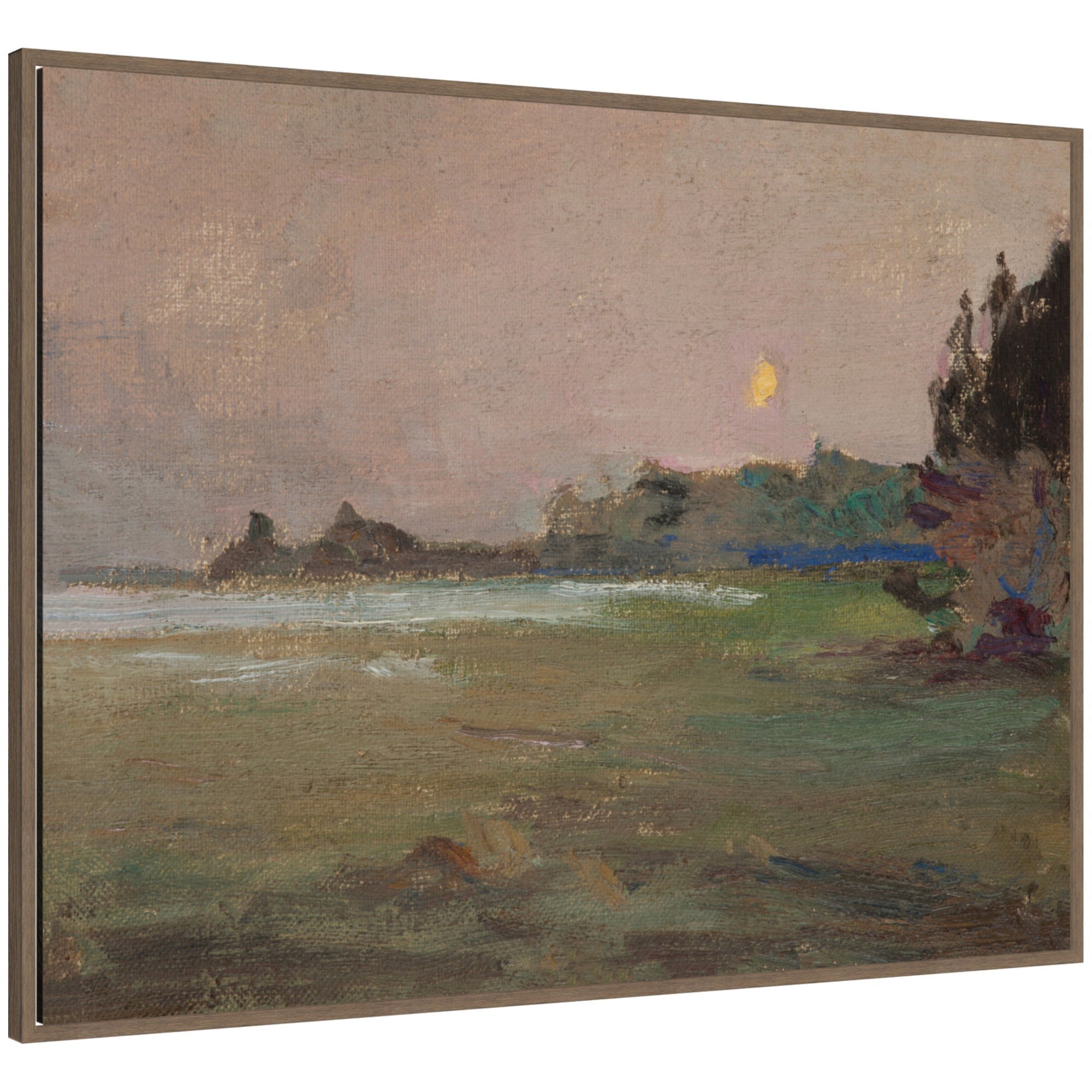 Framed canvas wall art titled Moonlite Evening Mist 1910 by Jan Ciaglinski, showing a muted evening landscape in a classic Sylvie frame.