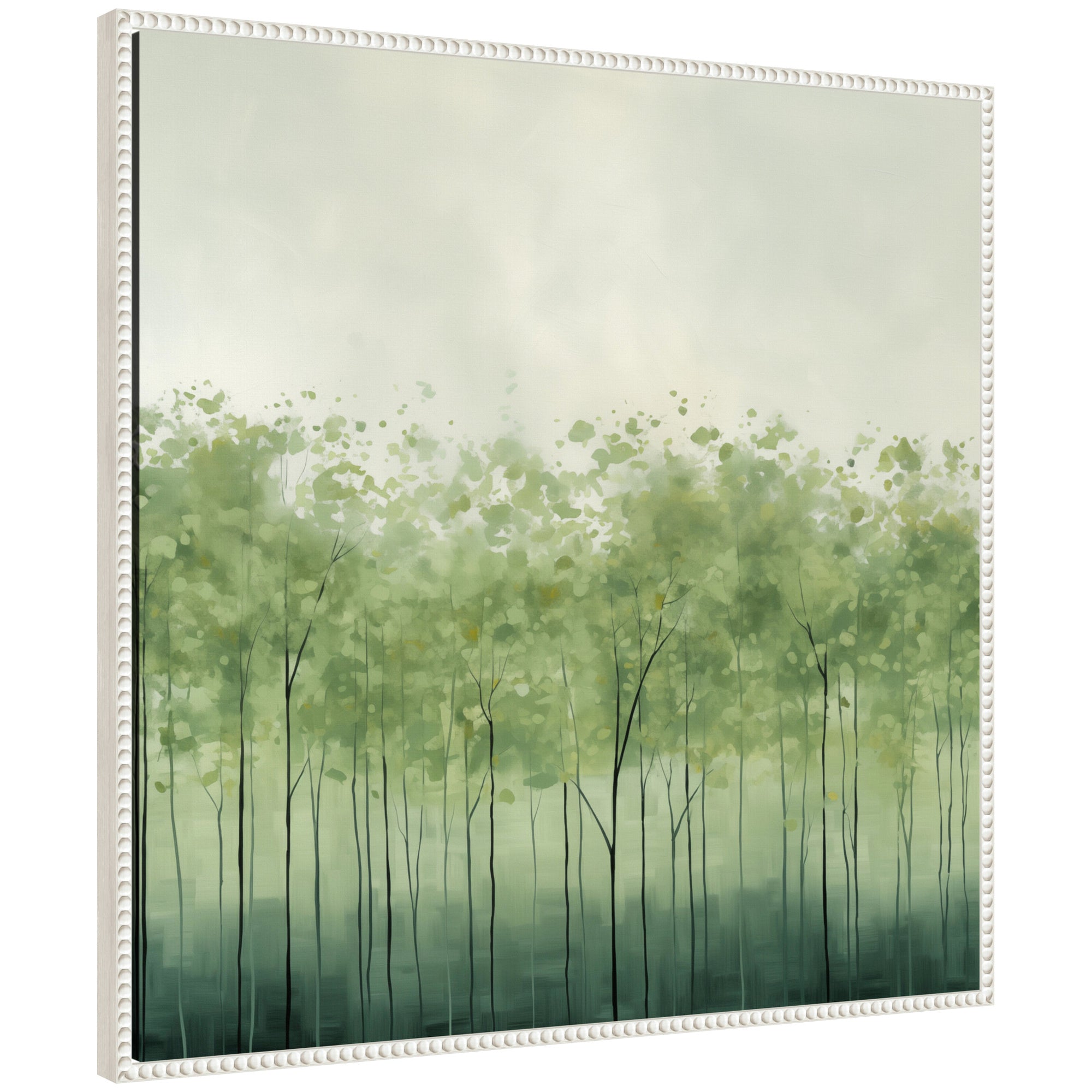 Framed canvas wall art titled Abstract Green Trees showing stylized green tree forms on a light background in Sylvie beaded frame