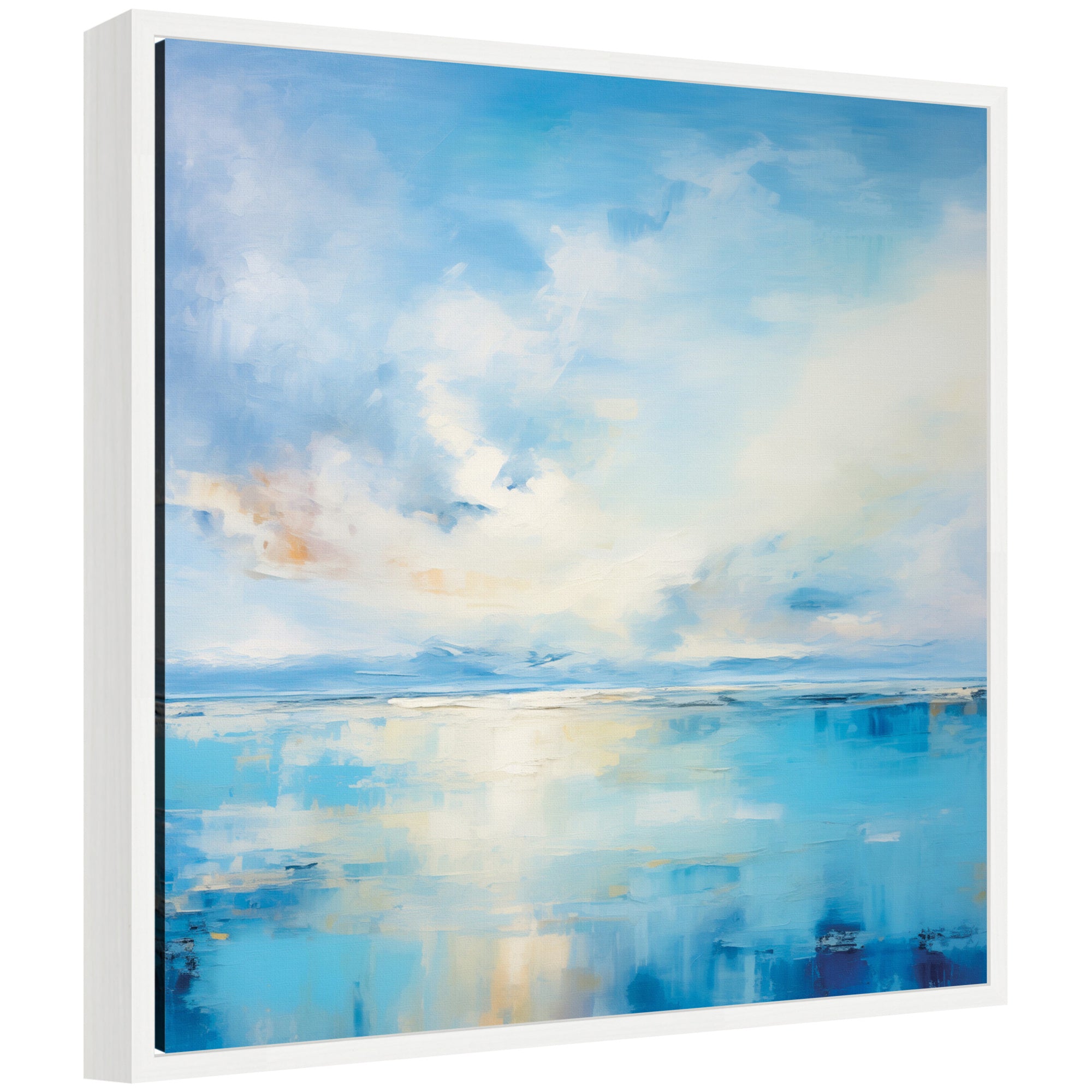 Framed abstract coastal landscape canvas art with soothing blues and sandy tones