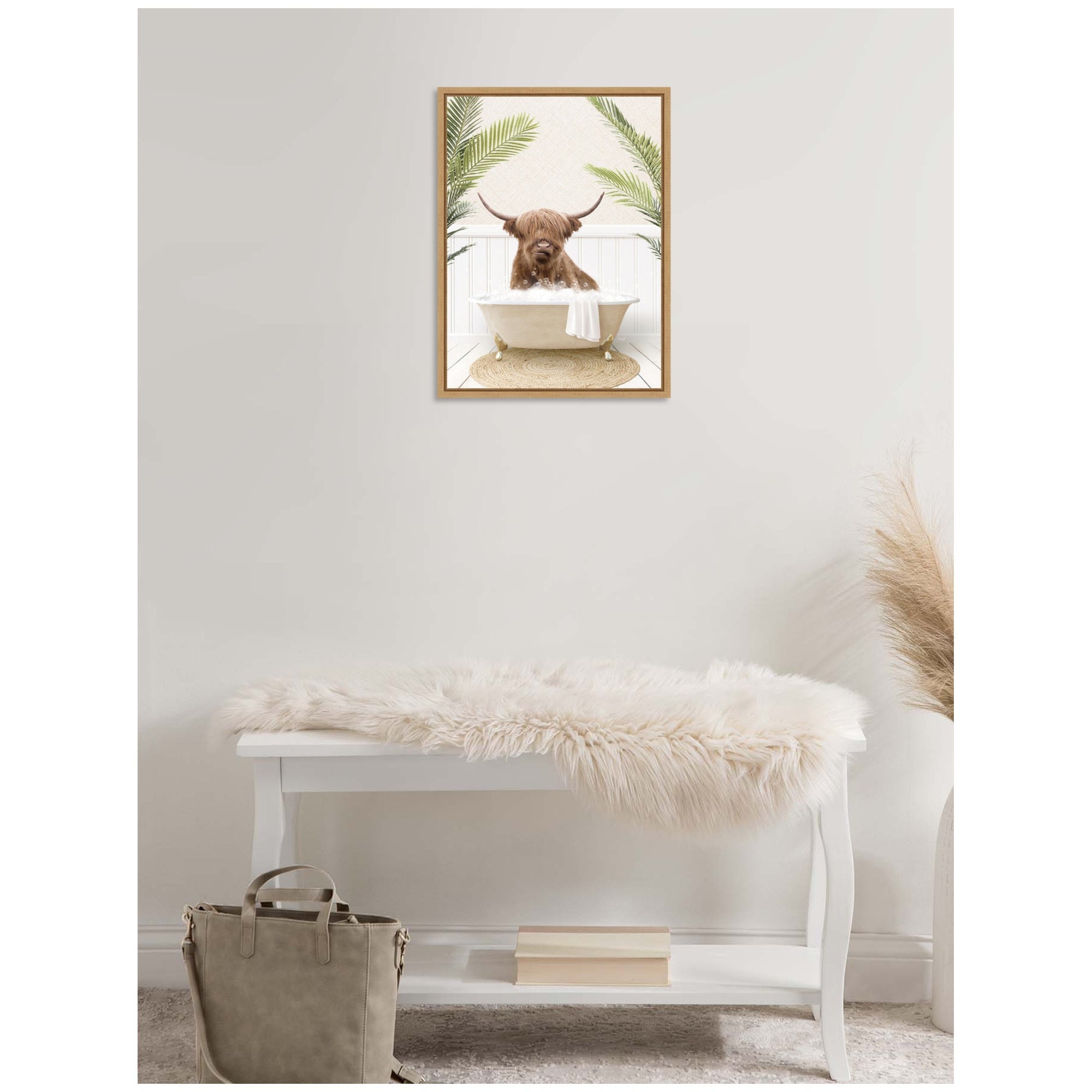 Sylvie Highland Cow in Palm Bathtub Framed Canvas by Amy Peterson