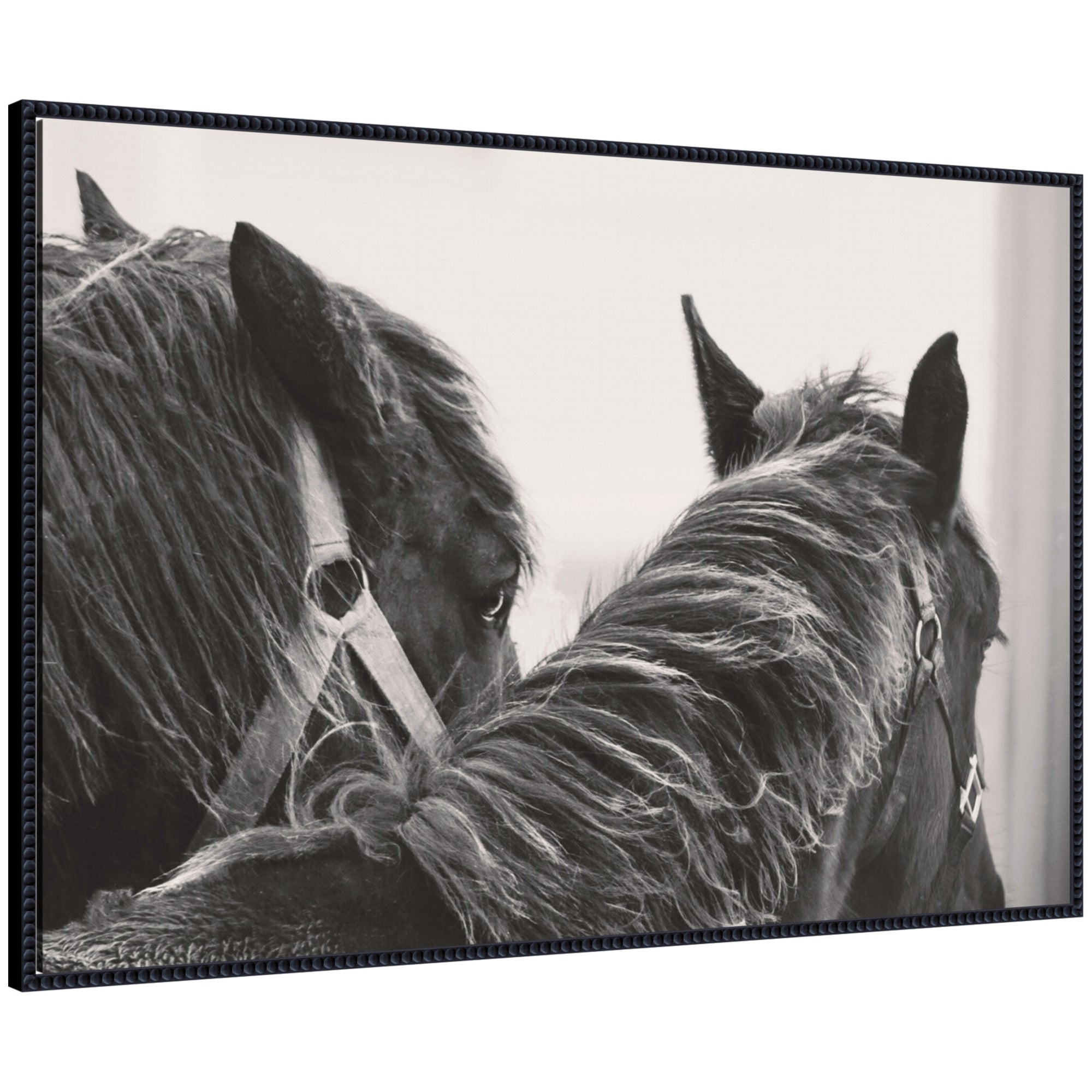 Black Horses framed canvas wall art showing two black horses side by side in a rustic farmhouse style frame