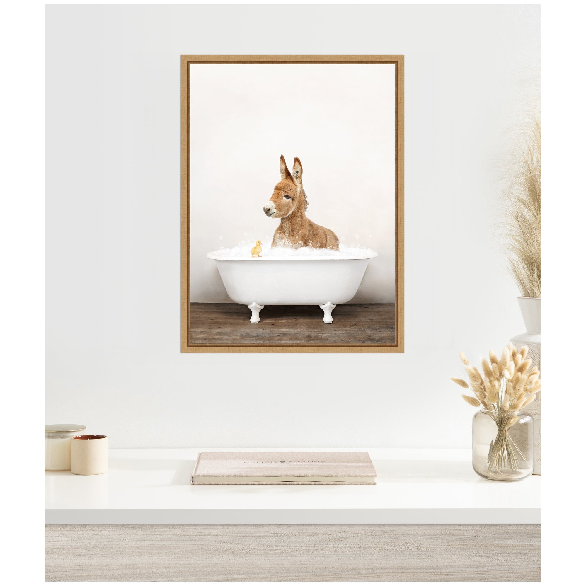 Sylvie Baby Donkey in Rustic Bathtub Framed Canvas by Amy Peterson