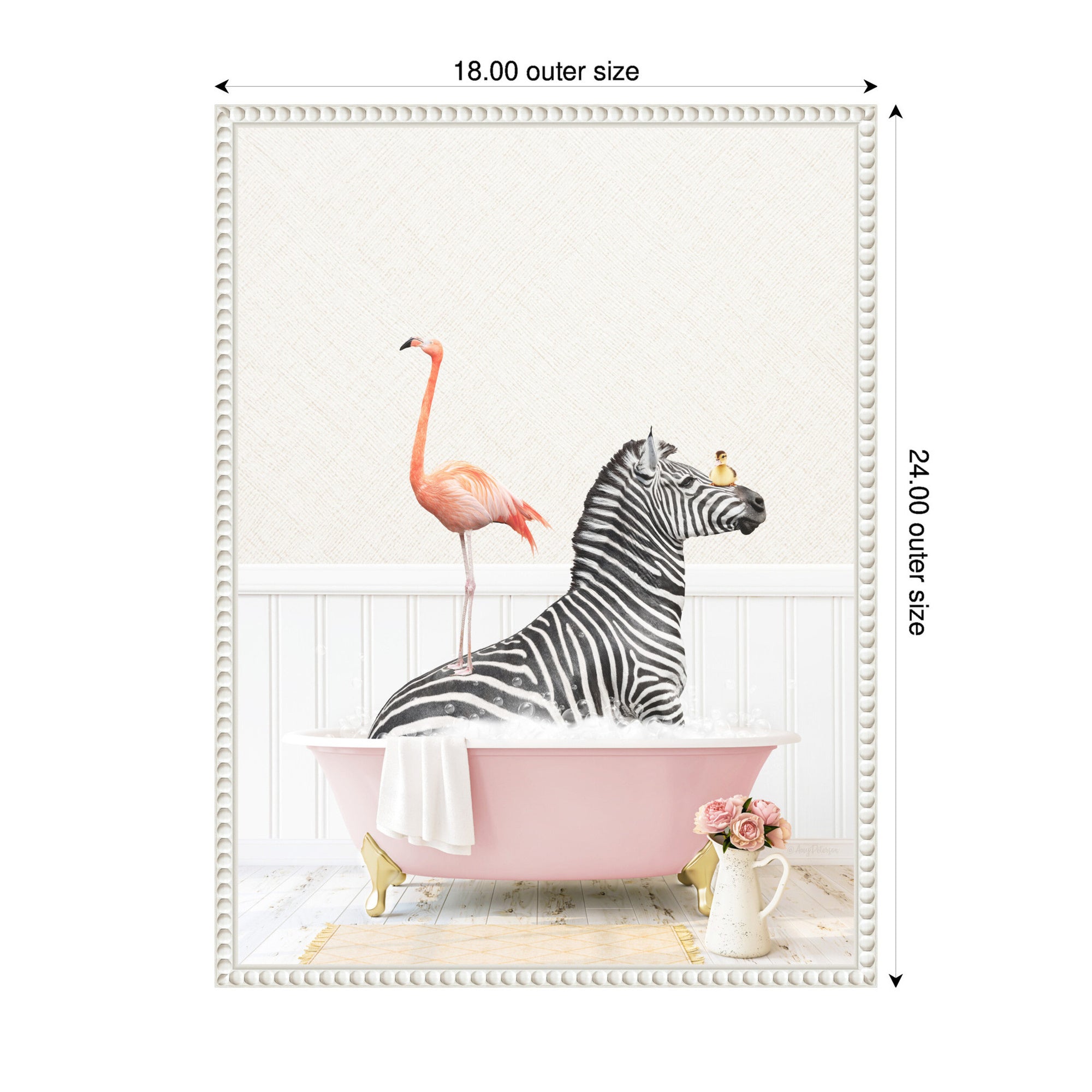 Sylvie Zebra and Flamingo in Cottage Rose Bathtub Framed Canvas by Amy Peterson