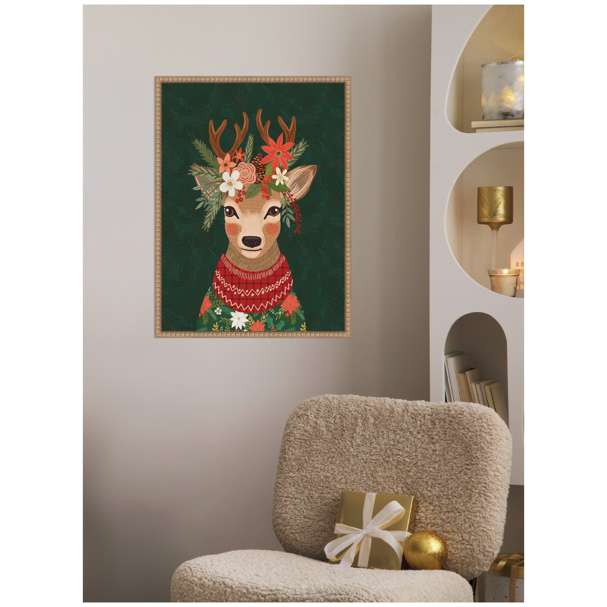Sylvie Beaded Christmas Deer Framed Canvas by Mia Charro
