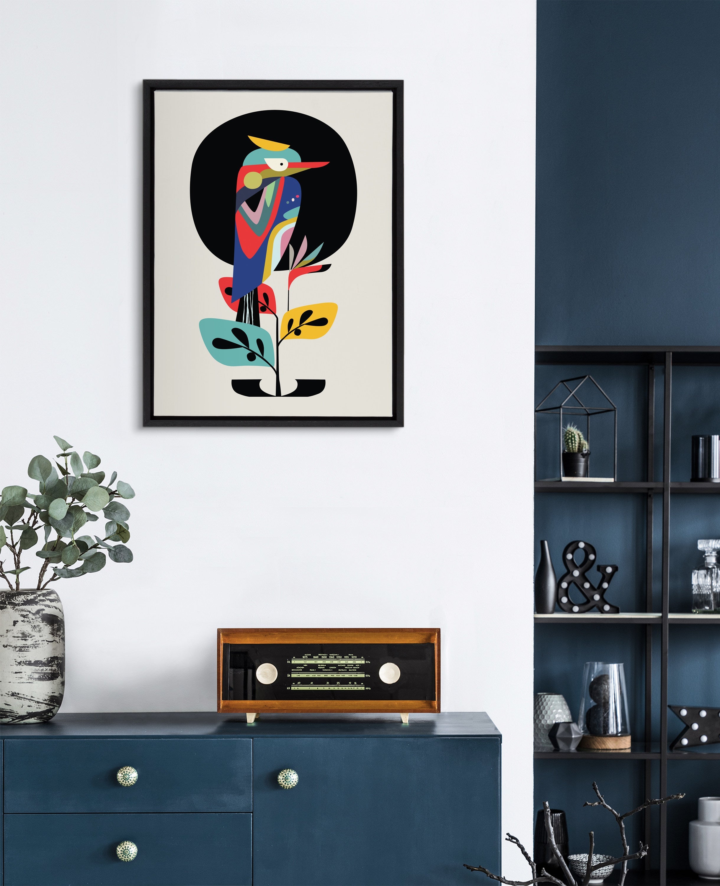 Sylvie Mid Century Modern Kookaburra Moon Framed Canvas by Rachel Lee