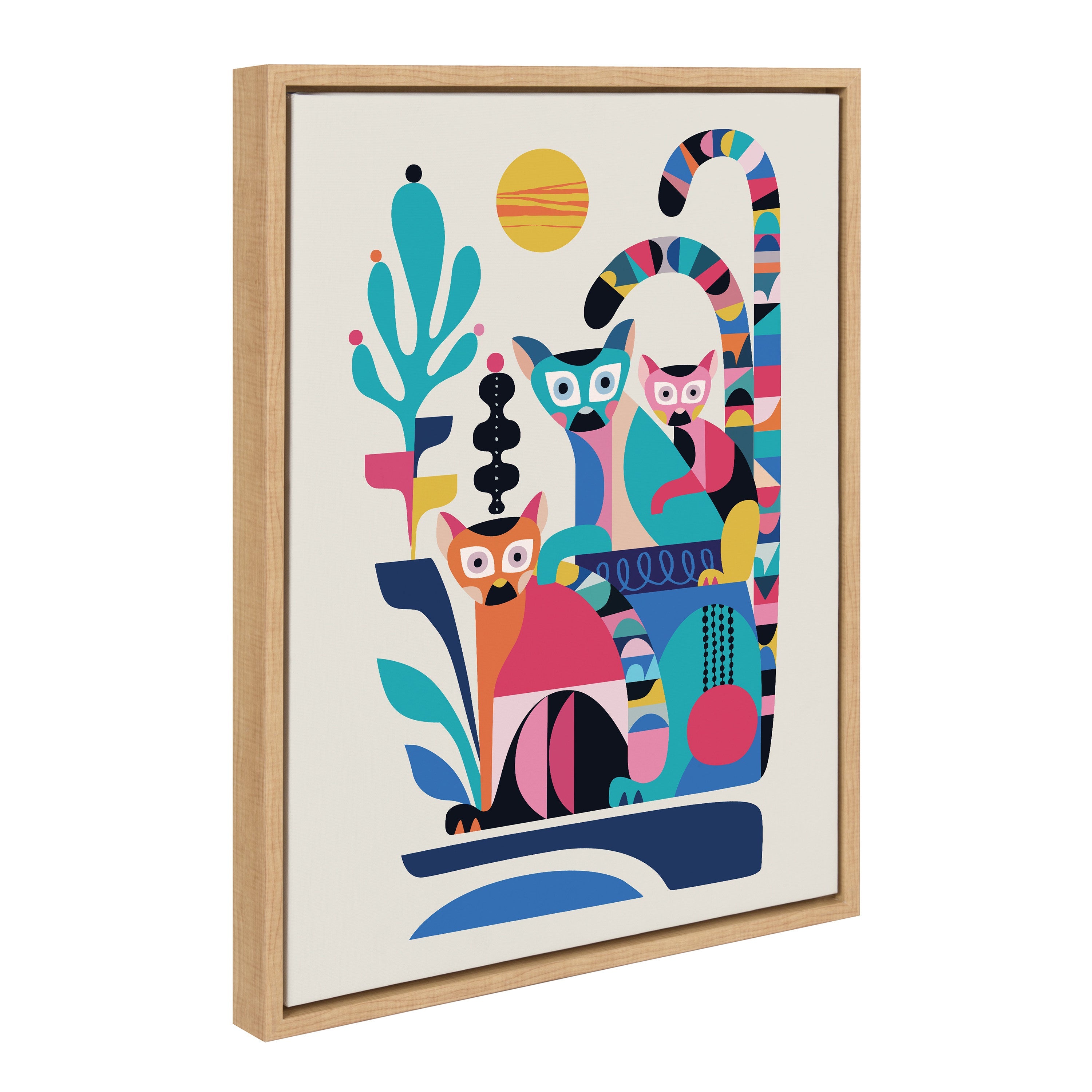 Sylvie Mid Century Modern Lemur Framed Canvas artwork showing colorful lemurs and abstract shapes in mid century modern style with black floating frame