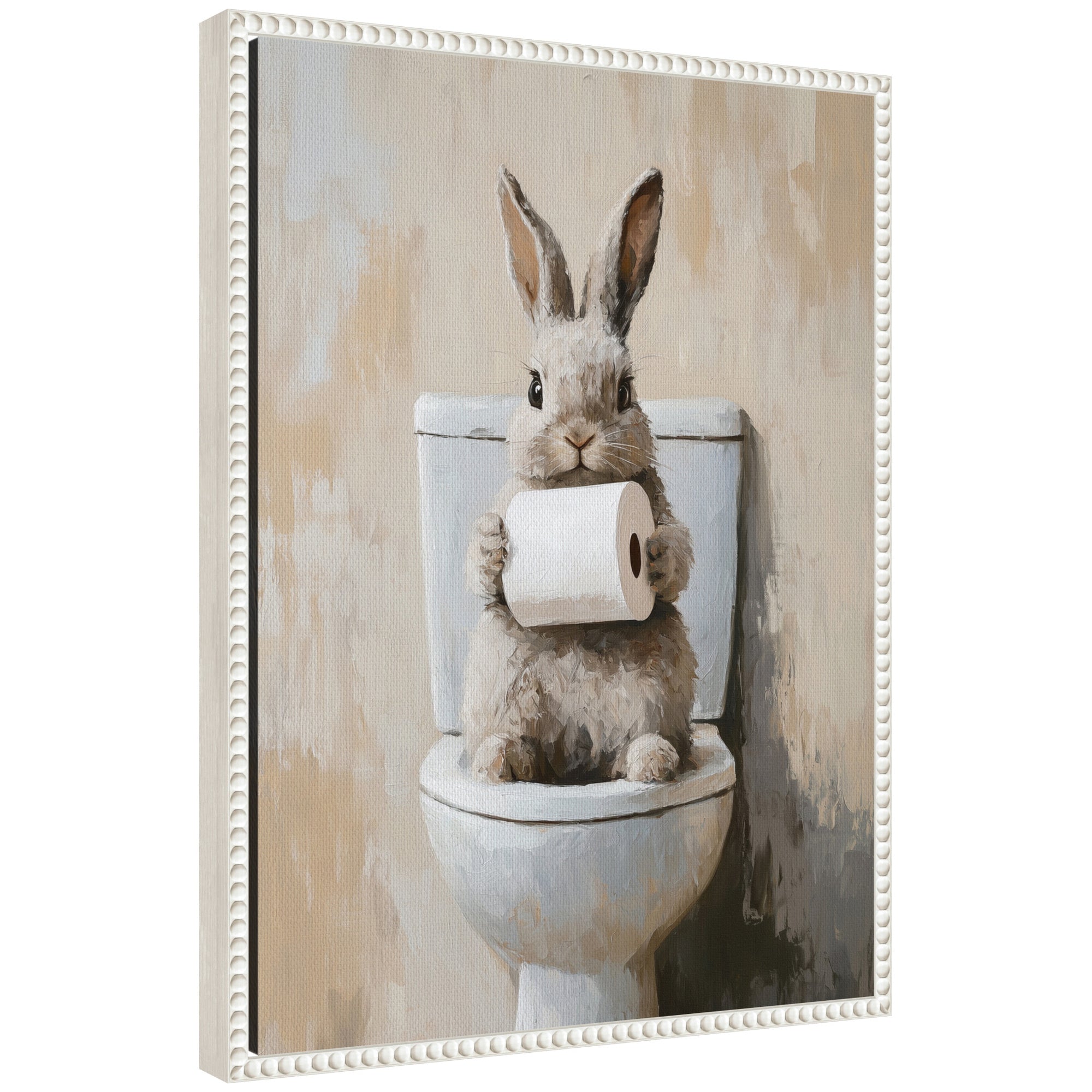 Framed canvas art showing a cute bunny holding a toilet paper roll, by The Creative Bunch Studio