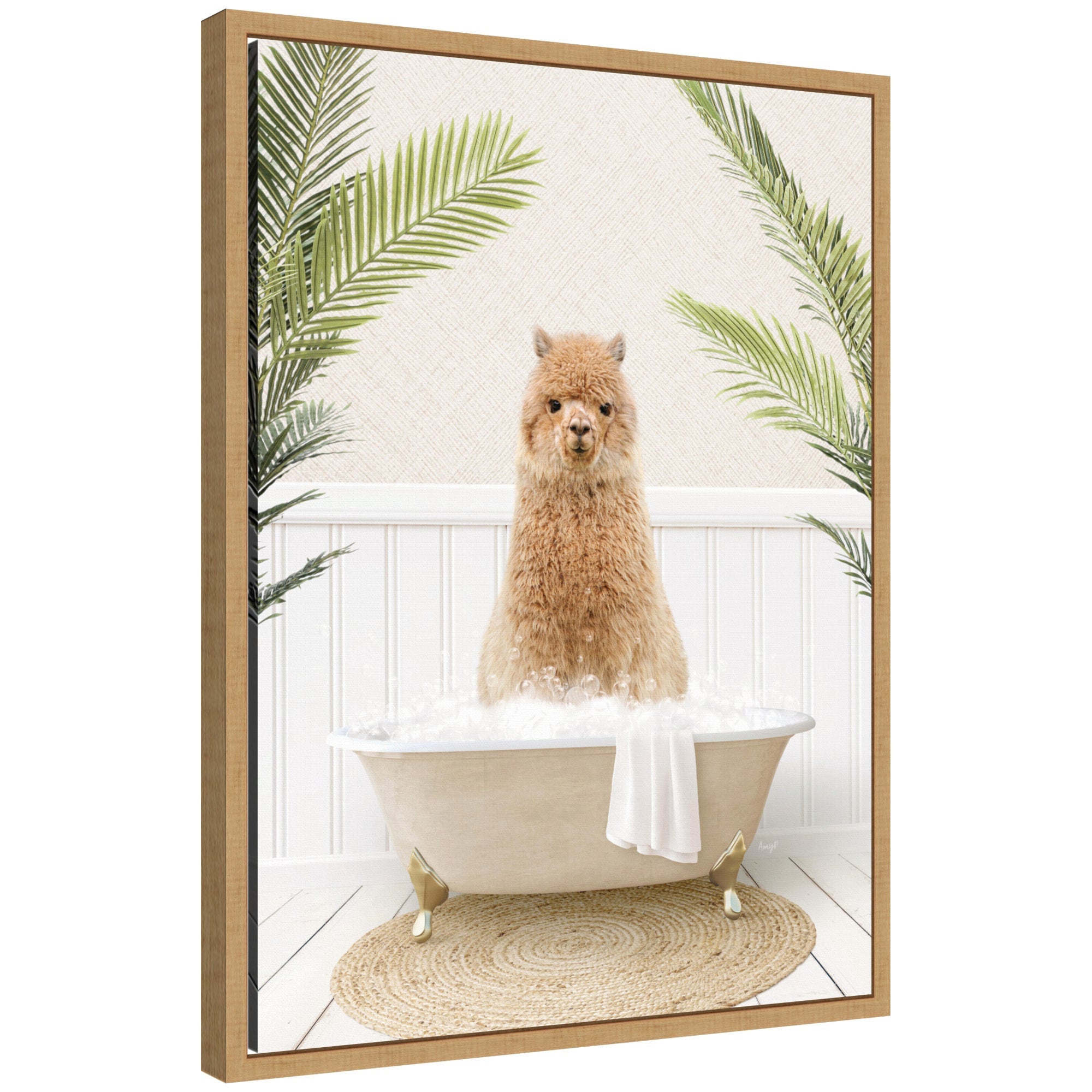 Framed canvas art of a white alpaca surrounded by palm leaves resting its head on a bathtub edge