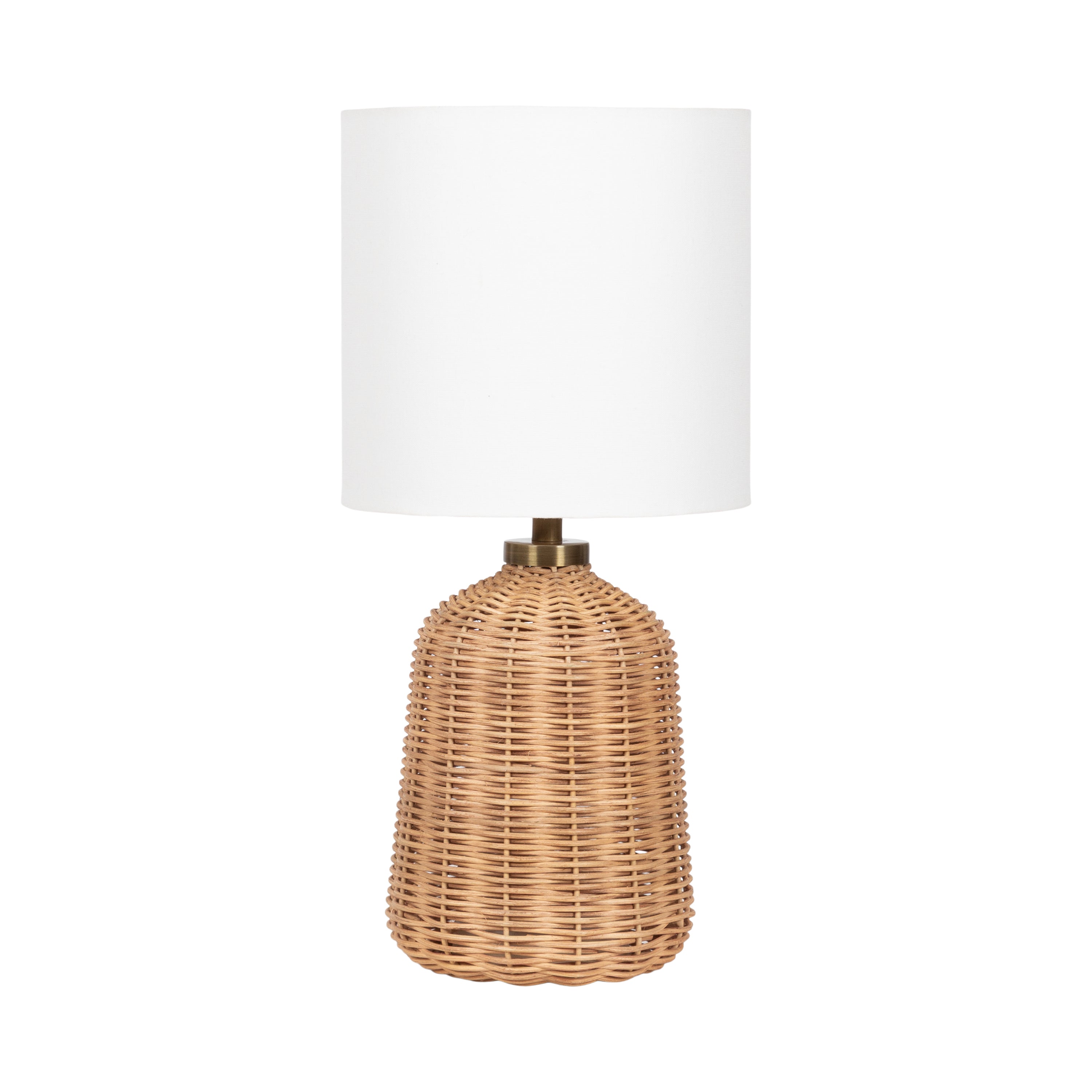 Wylla Rattan Table Lamp with woven rattan base and white linen drum shade on a wooden surface