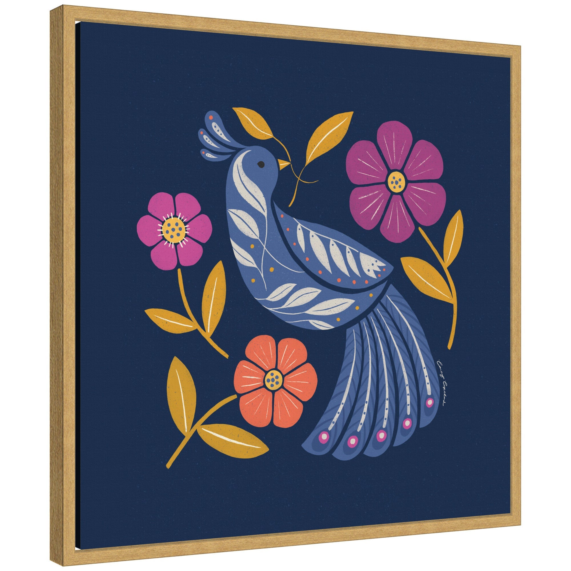 Sylvie Boho Folk Art Bird Blue and Gold Framed Canvas by Carey Copeland showing detailed bird illustration with blue and gold frame