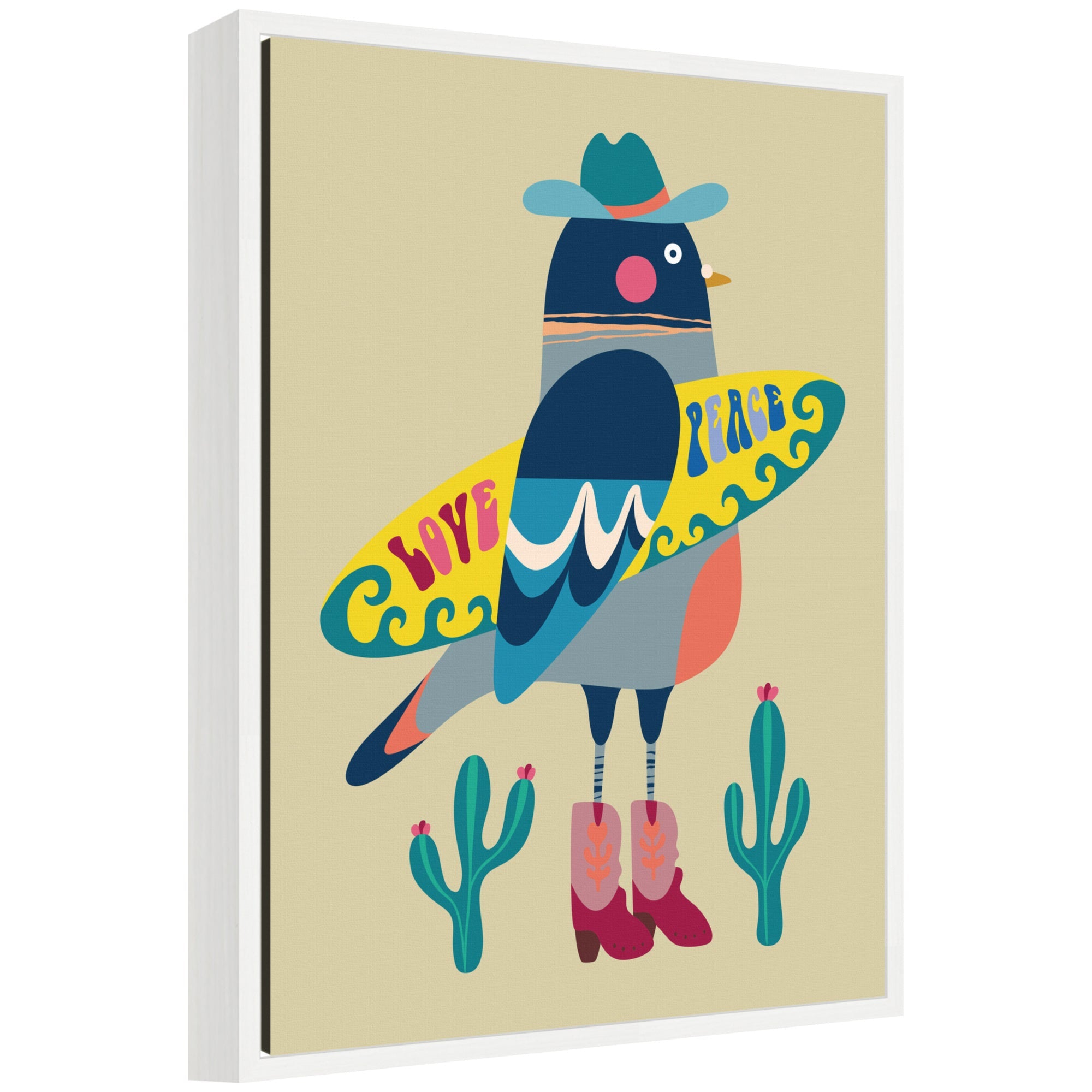 Sylvie Surfer Pigeon framed canvas art showing a pigeon figure with a surfboard in stylized colors framed in a white modern frame
