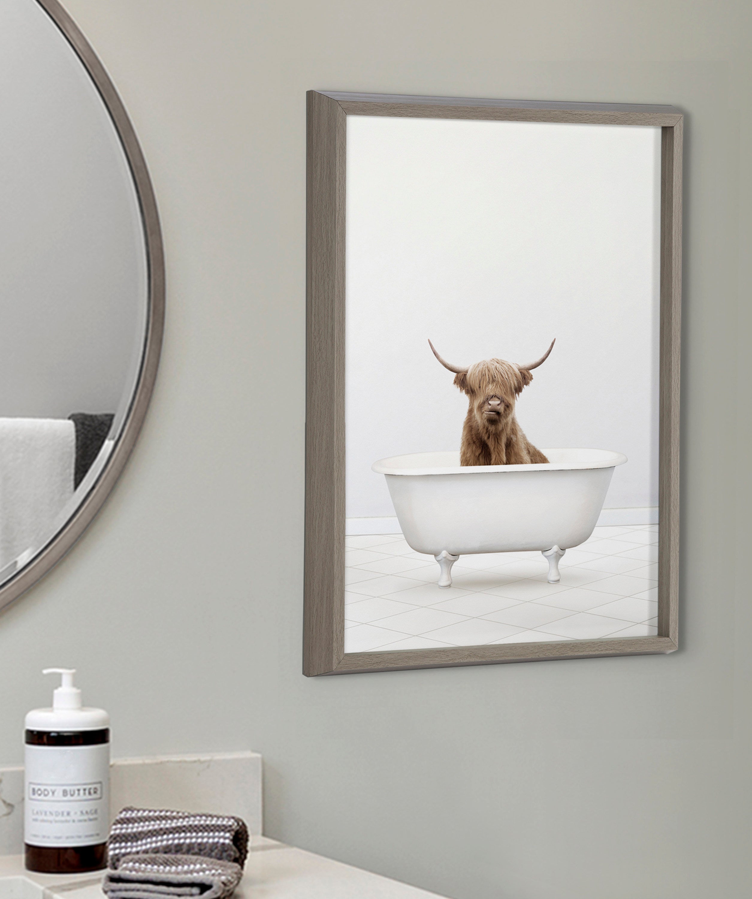 Blake Highland Cow Solo Bathtub Framed Printed Glass by Amy Peterson Art Studio