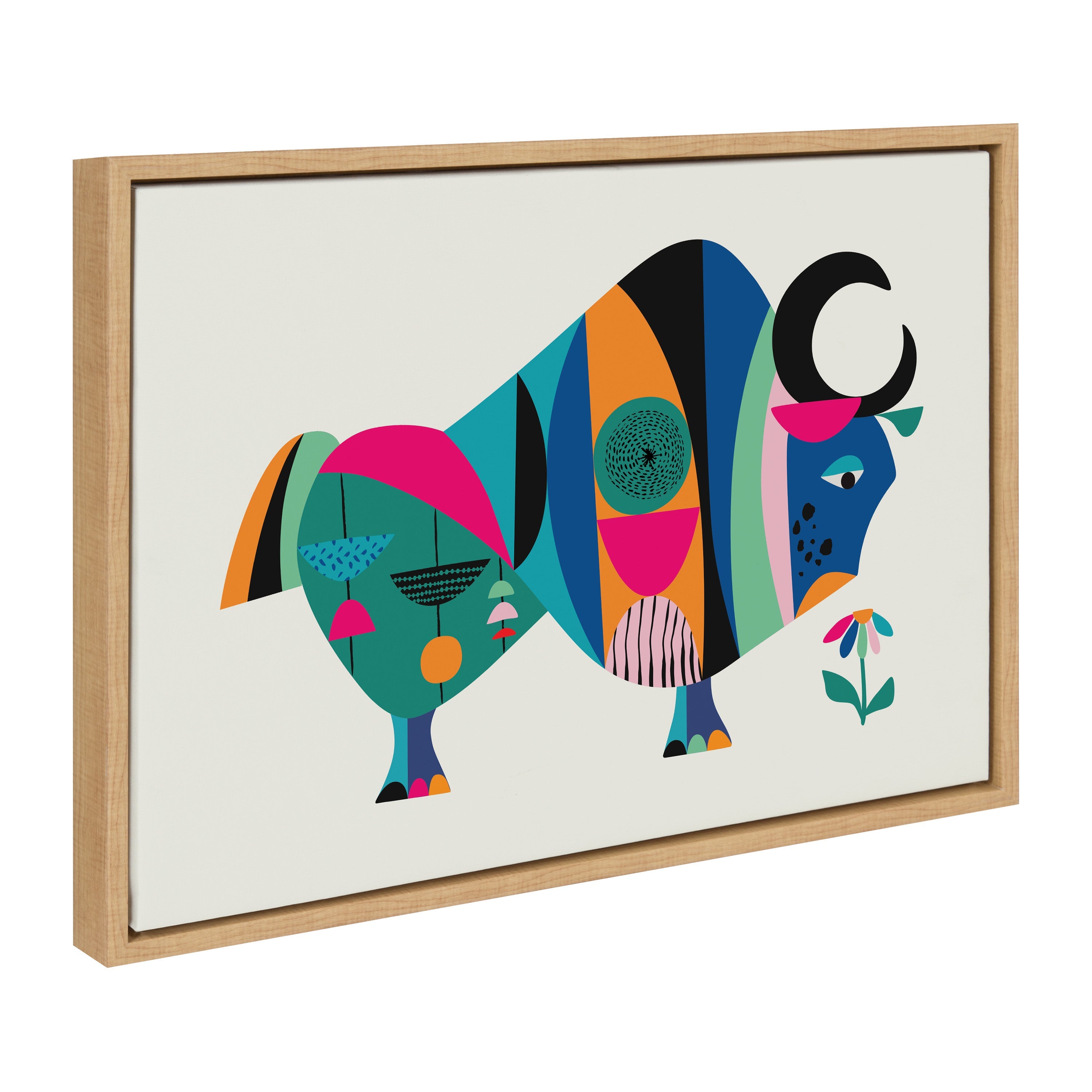 Sylvie MCM Ox framed canvas art showing a colorful mid-century stylized ox by Rachel Lee