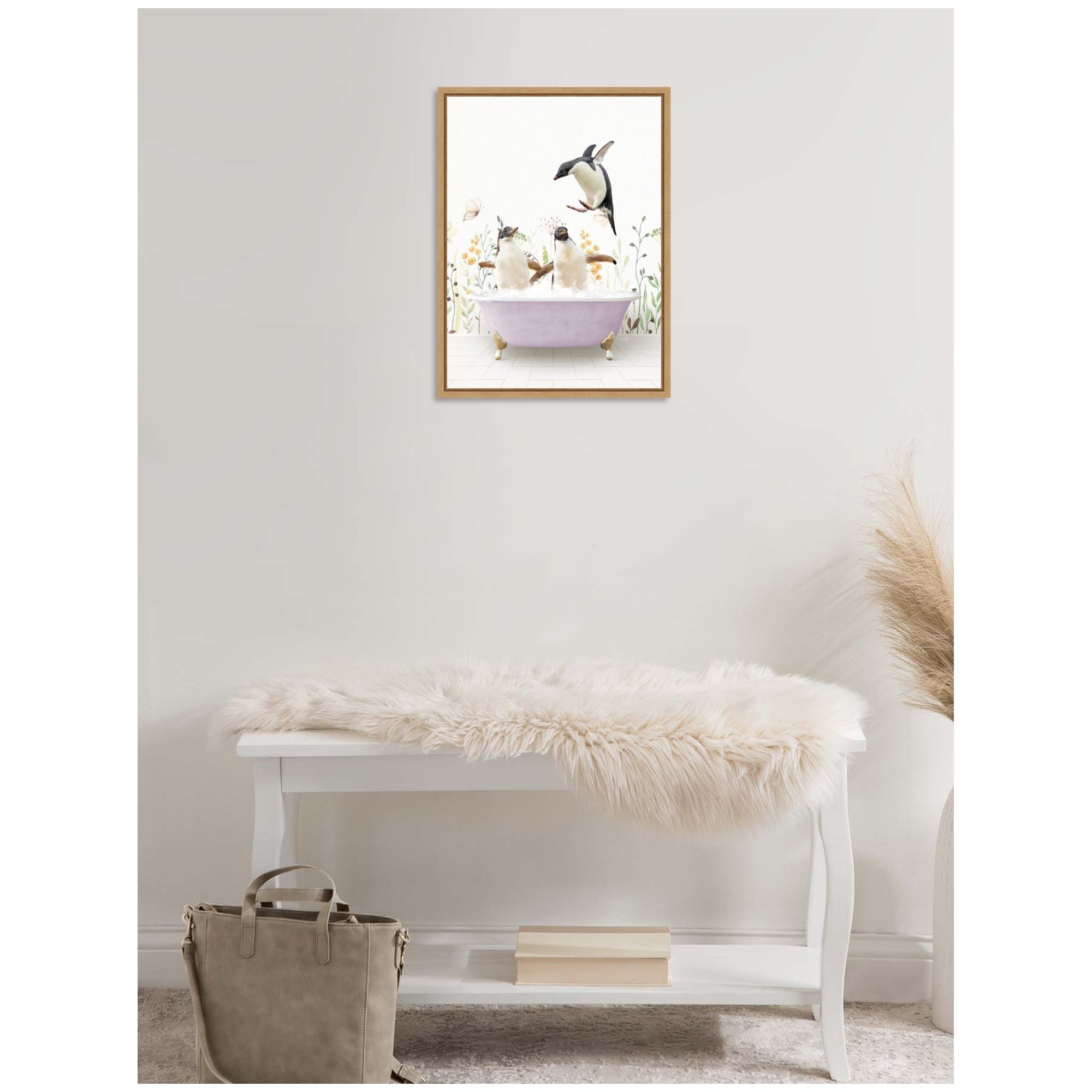 Sylvie Penguins in Spring Bathtub Framed Canvas by Amy Peterson