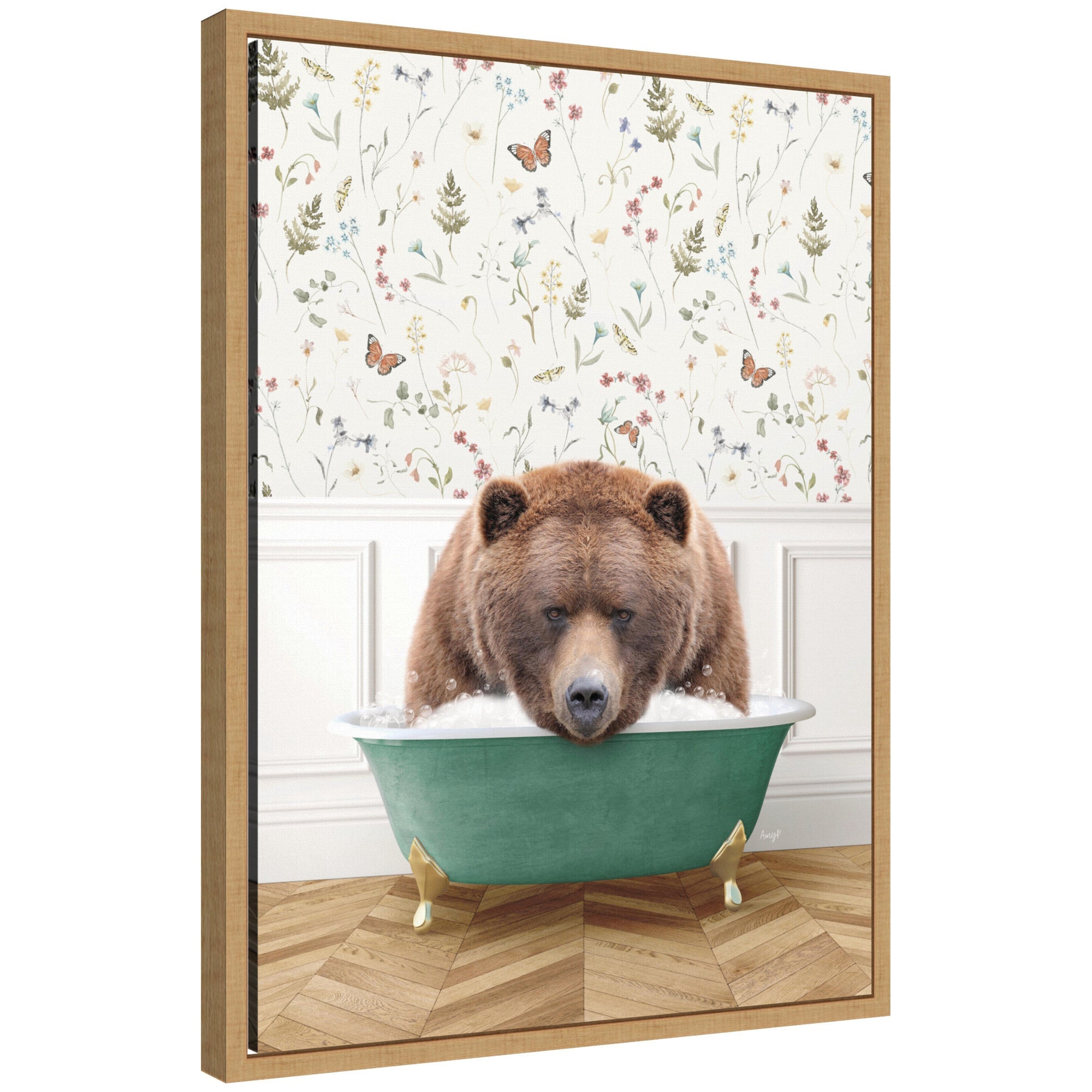 Framed canvas art showing a big bear in a meadow bathtub scene by Amy Peterson