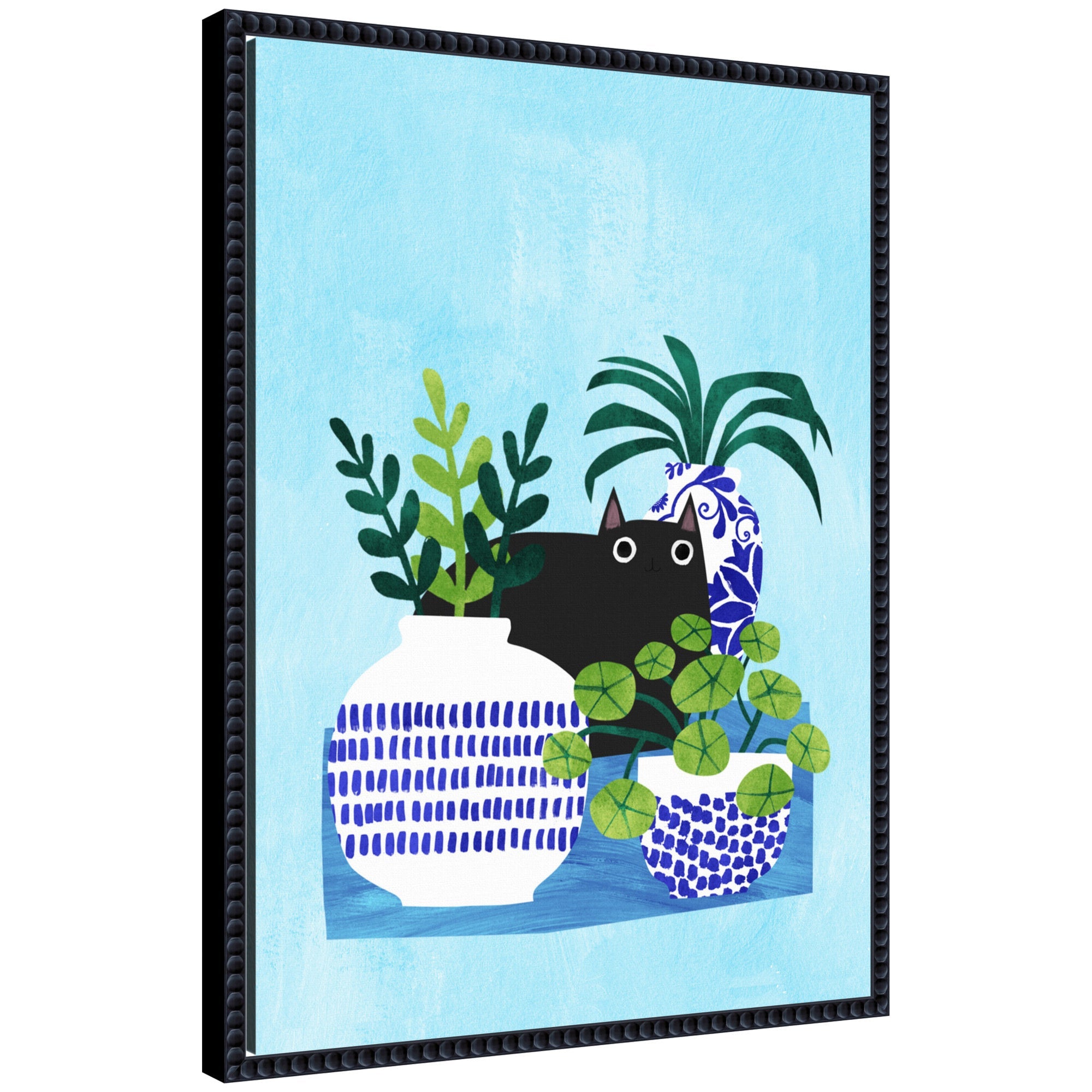 Blue Pots by Planet Cat framed canvas wall art featuring pots in blue tones in black Sylvie Beaded frame