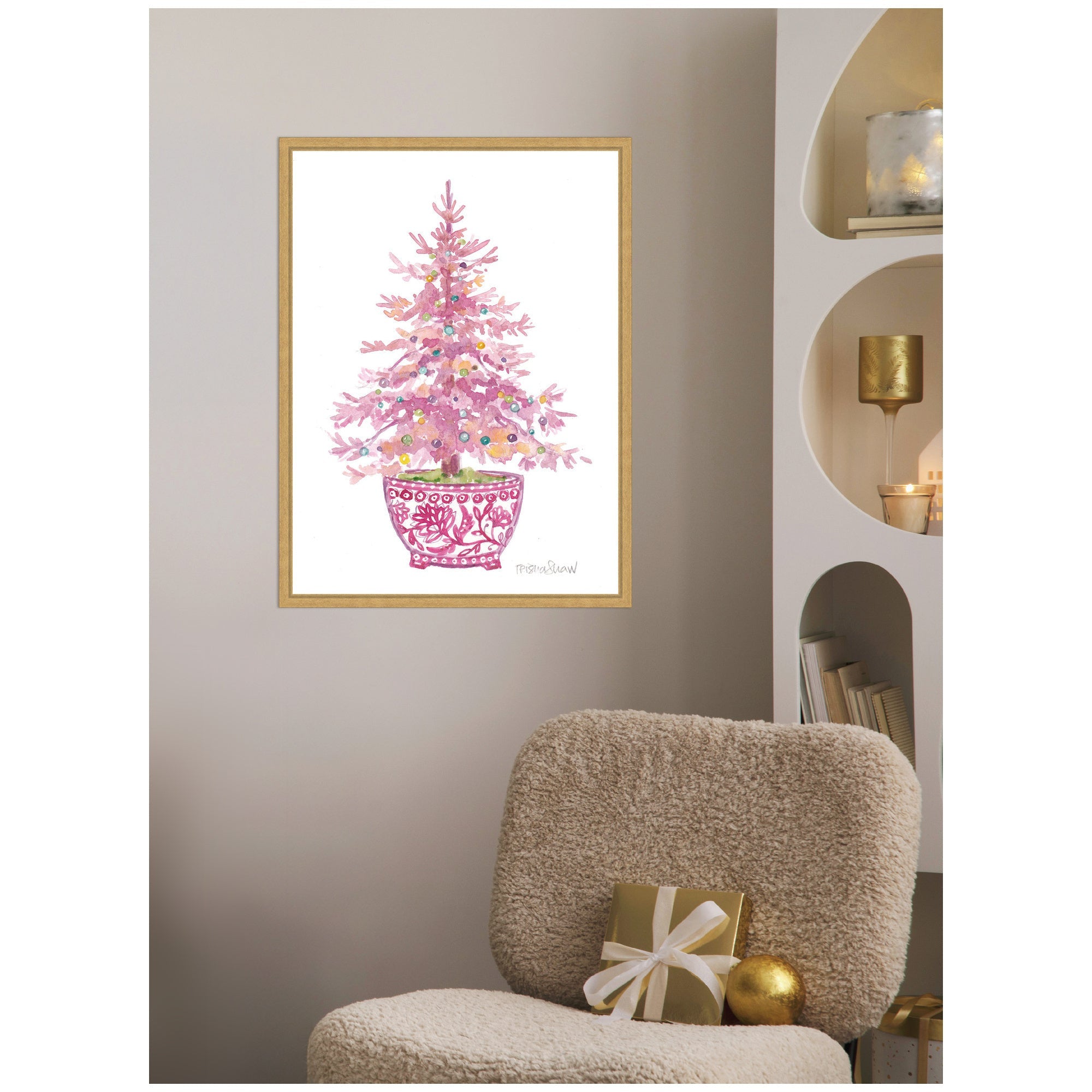 Sylvie Framed Canvas Pink Christmas Tree by Patricia Shaw