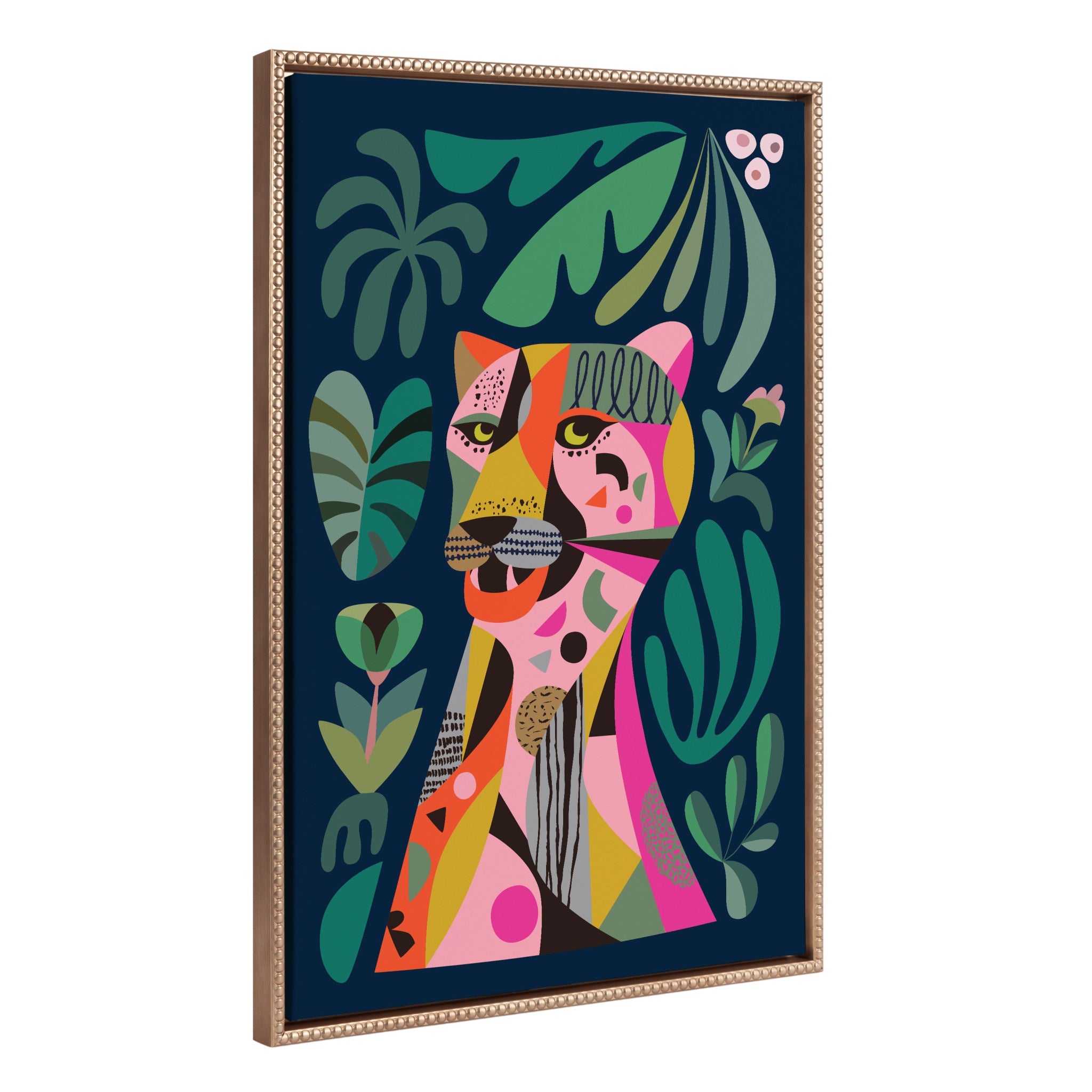 Sylvie Beaded Leopard framed canvas art showing a colorful leopard within a vintage beaded gold frame