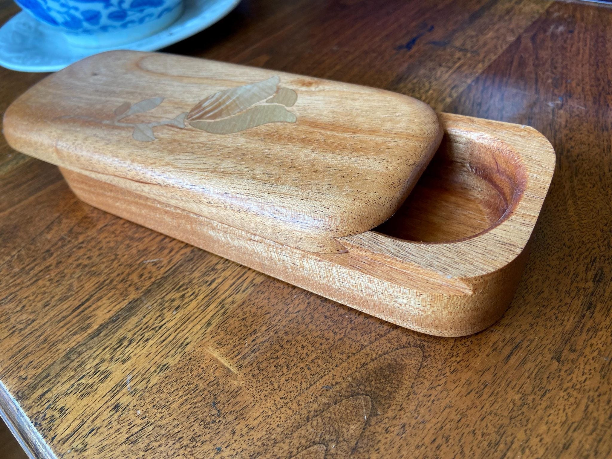 Handcrafted hardwood keepsake box with wood inlay, 8.25 by 3.25 inches
