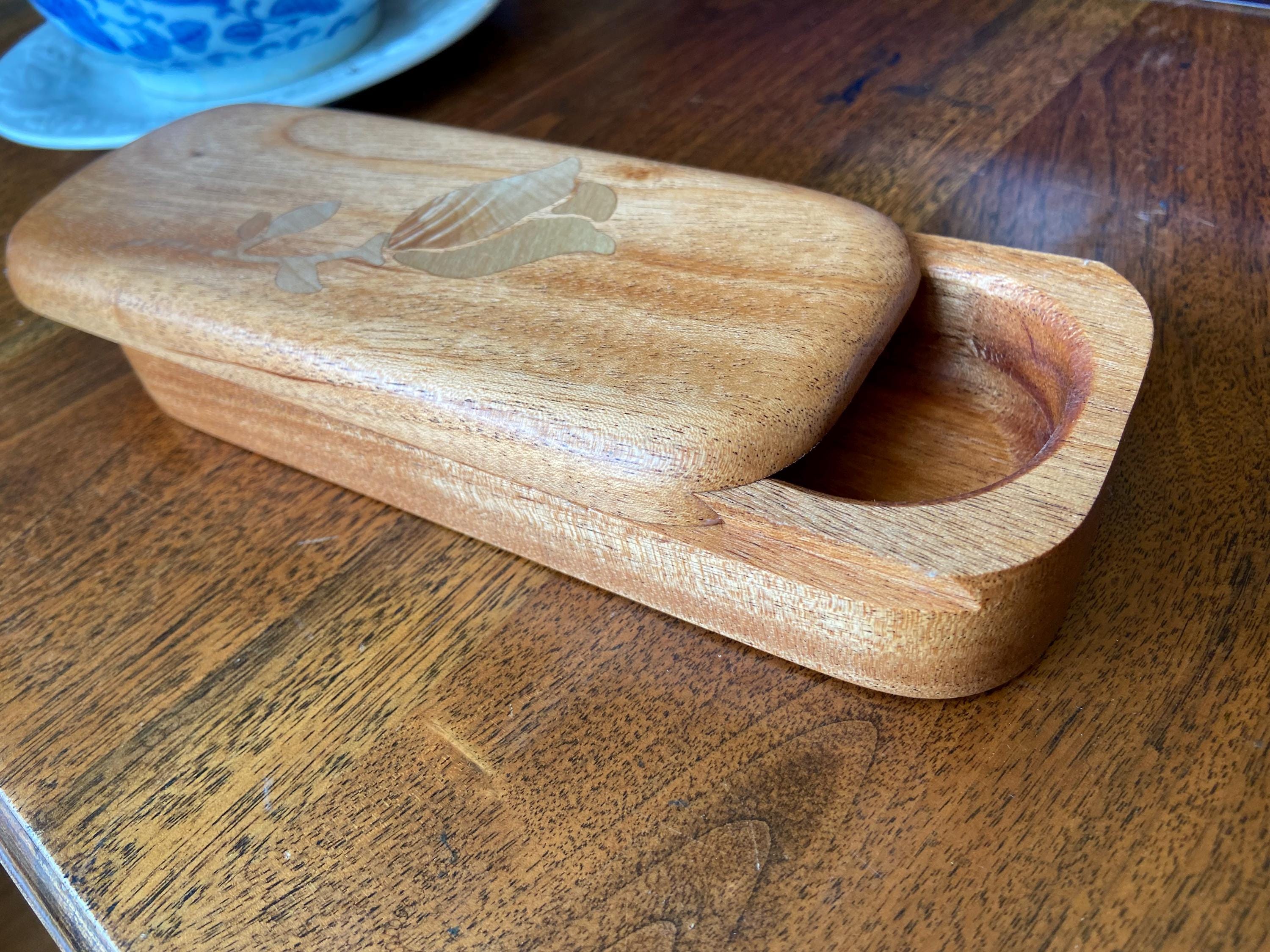 Handcrafted hardwood keepsake box with wood inlay, 8.25 by 3.25 inches