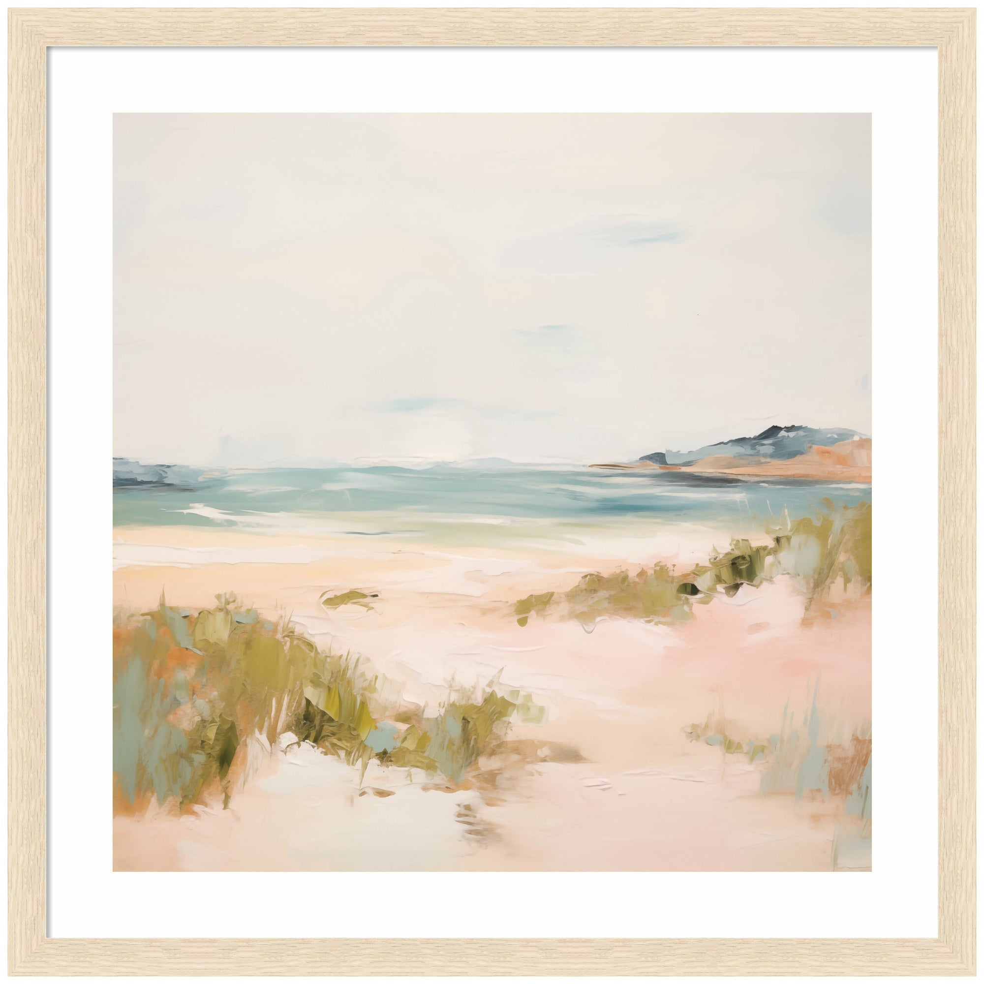 Framed Tranquil Landscape V Square art print by Amy Lighthall showing a soft, muted natural scene with woodgrain blonde frame